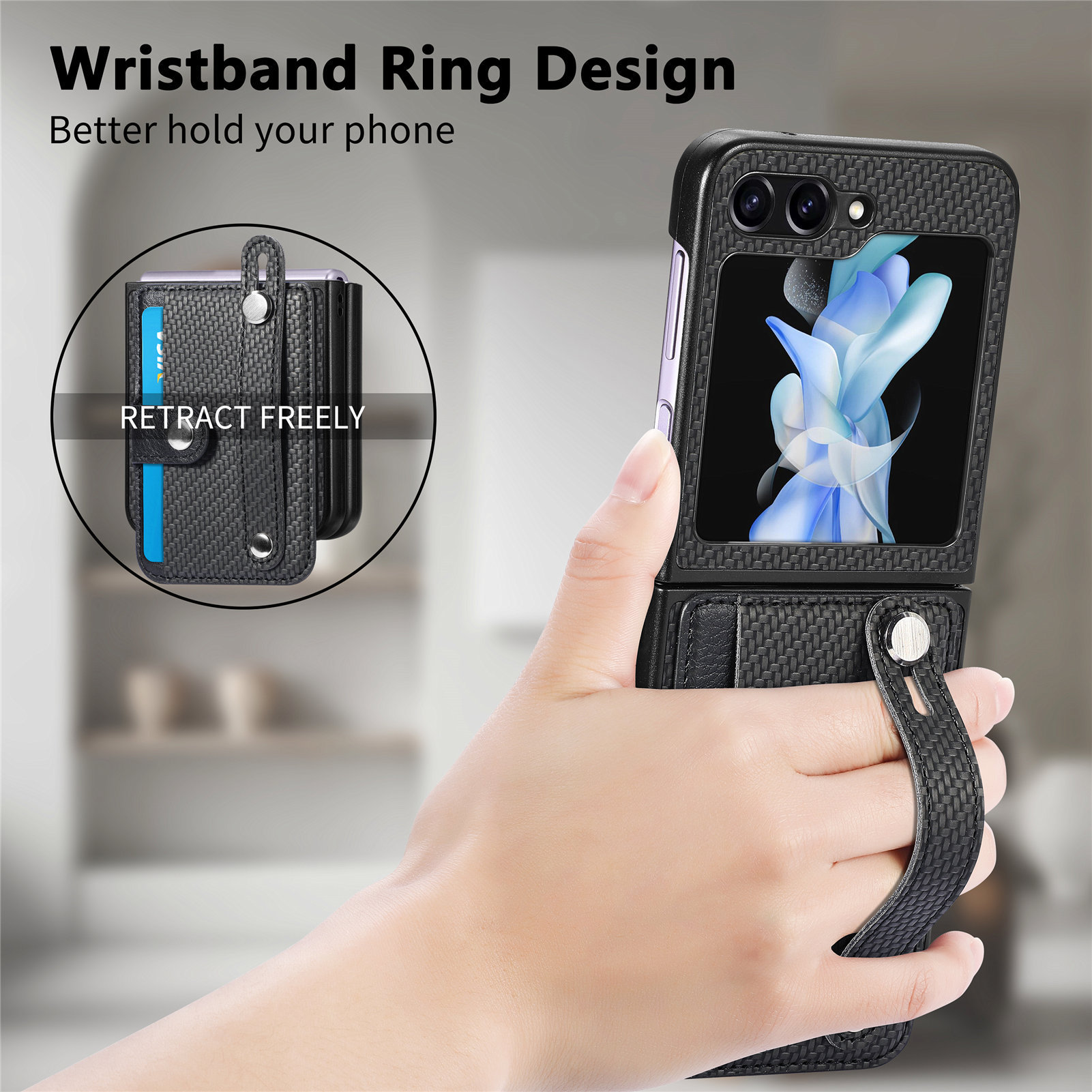 Compatible with Samsung Z Flip 8/7 phone case, 6/5 wrist strap, stand, card holder, Razr70U fiber texture protective case