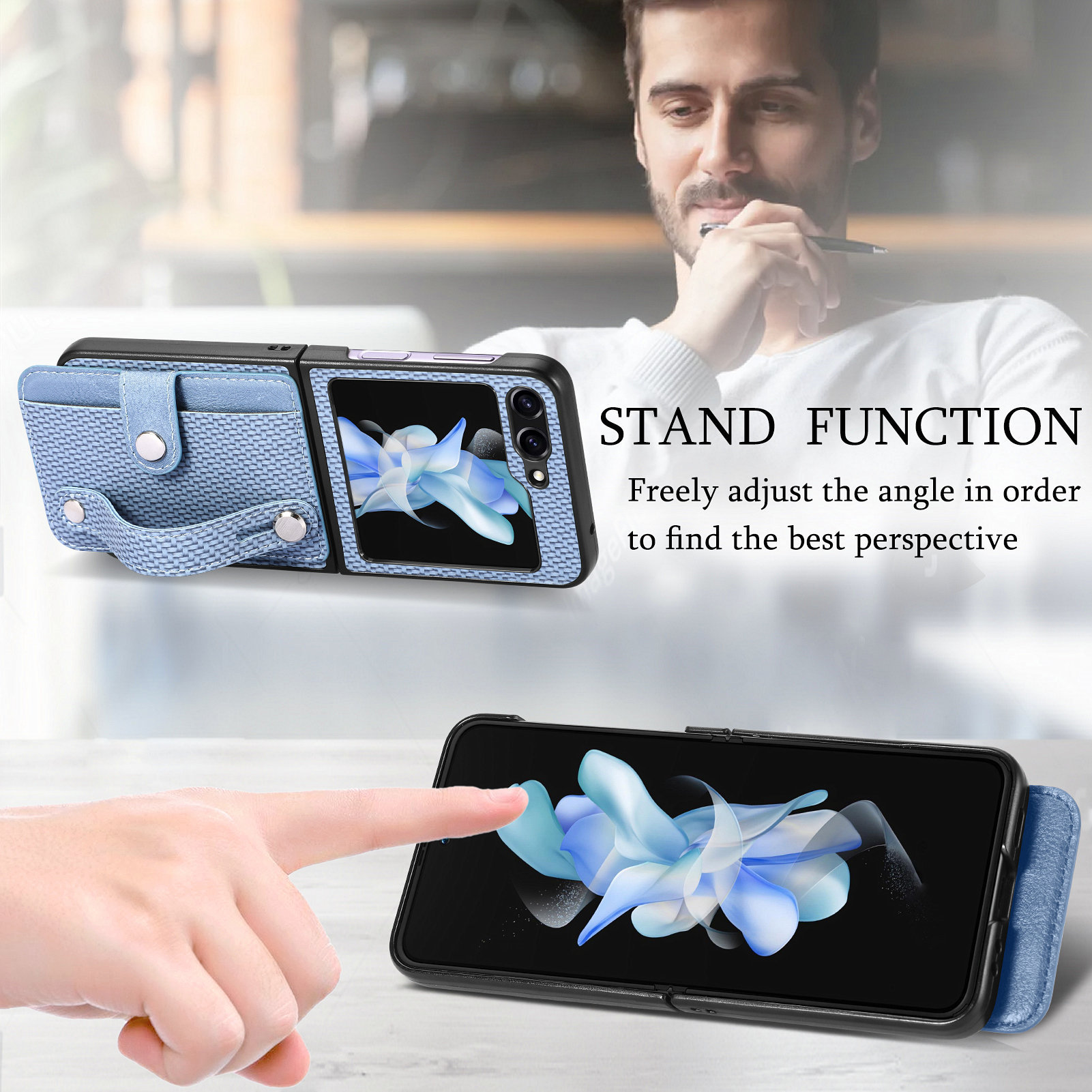 Compatible with Samsung Z Flip 8/7 phone case, 6/5 wrist strap, stand, card holder, Razr70U fiber texture protective case