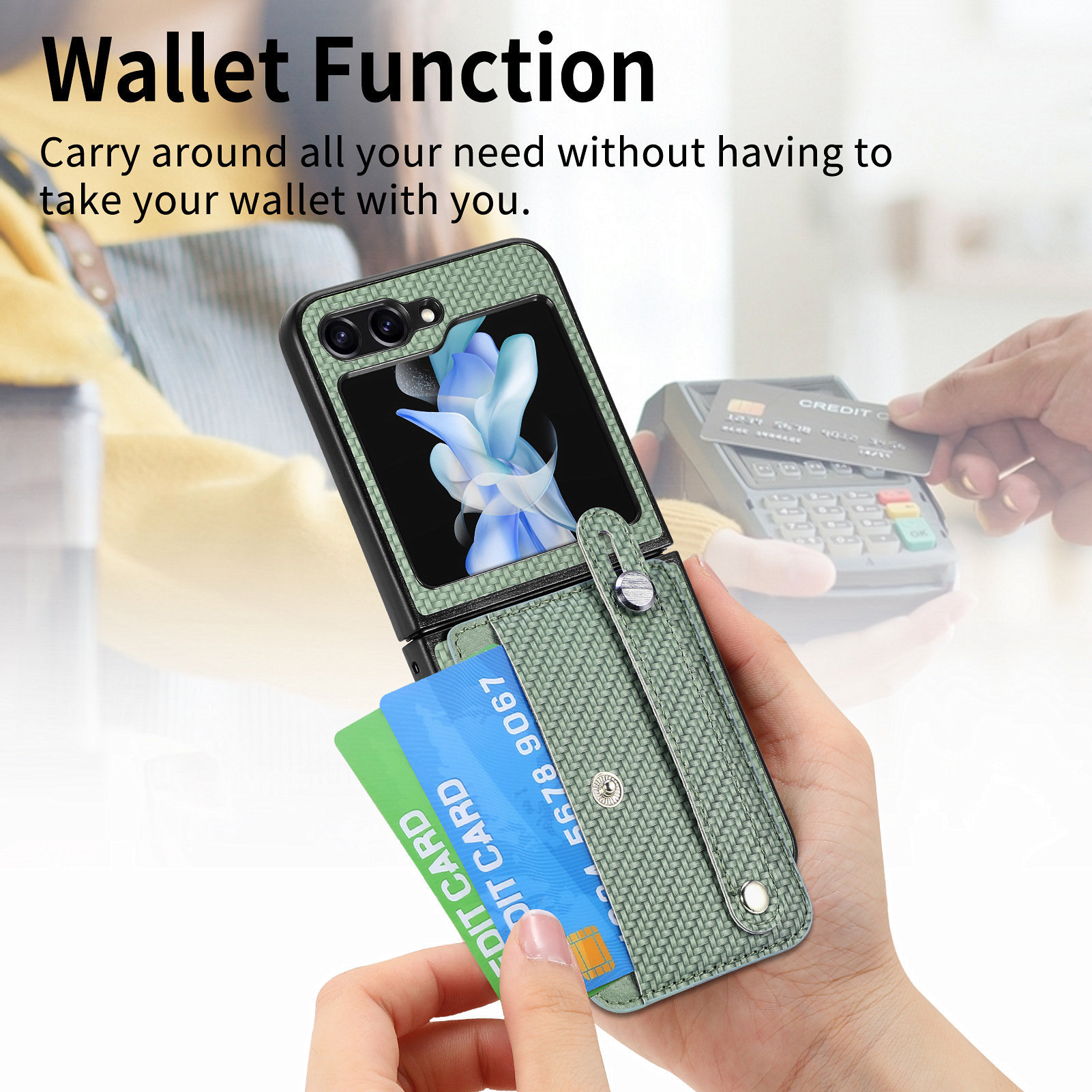 Compatible with Samsung Z Flip 8/7 phone case, 6/5 wrist strap, stand, card holder, Razr70U fiber texture protective case