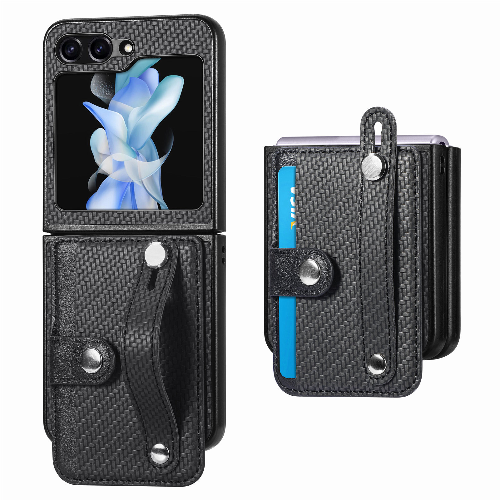 Compatible with Samsung Z Flip 8/7 phone case, 6/5 wrist strap, stand, card holder, Razr70U fiber texture protective case