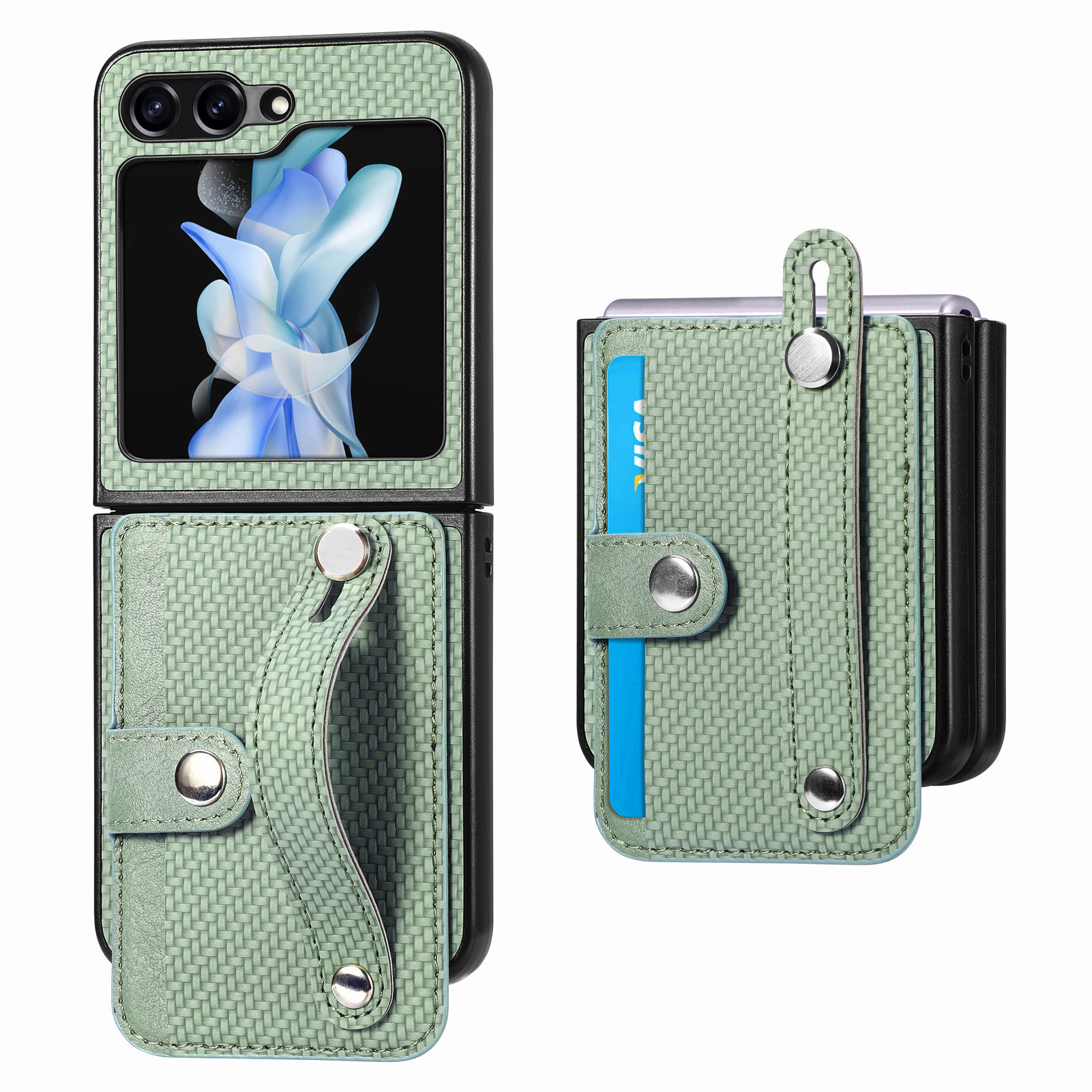 Compatible with Samsung Z Flip 8/7 phone case, 6/5 wrist strap, stand, card holder, Razr70U fiber texture protective case