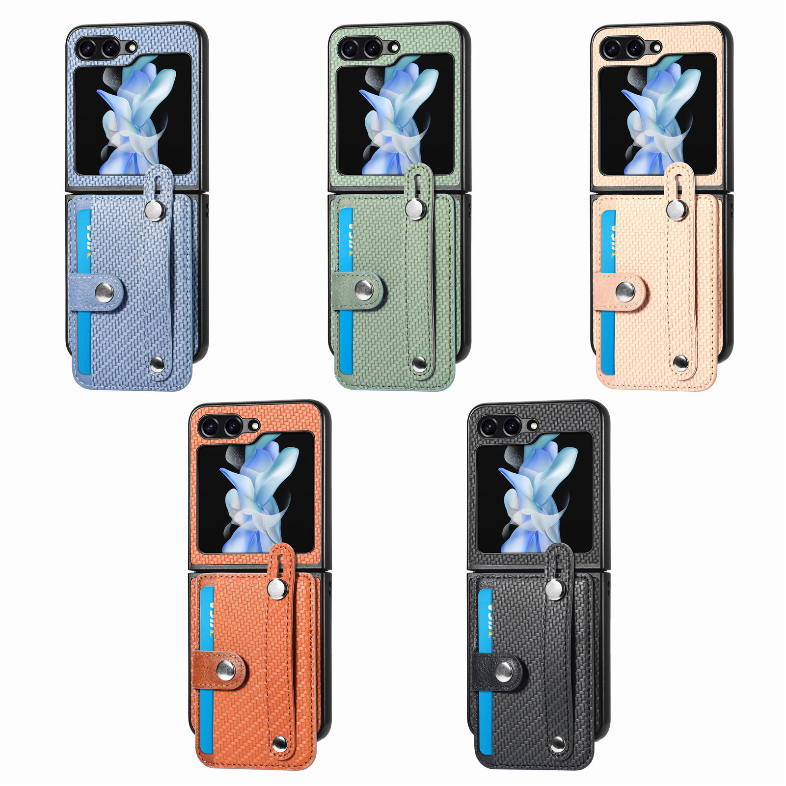 Compatible with Samsung Z Flip 8/7 phone case, 6/5 wrist strap, stand, card holder, Razr70U fiber texture protective case