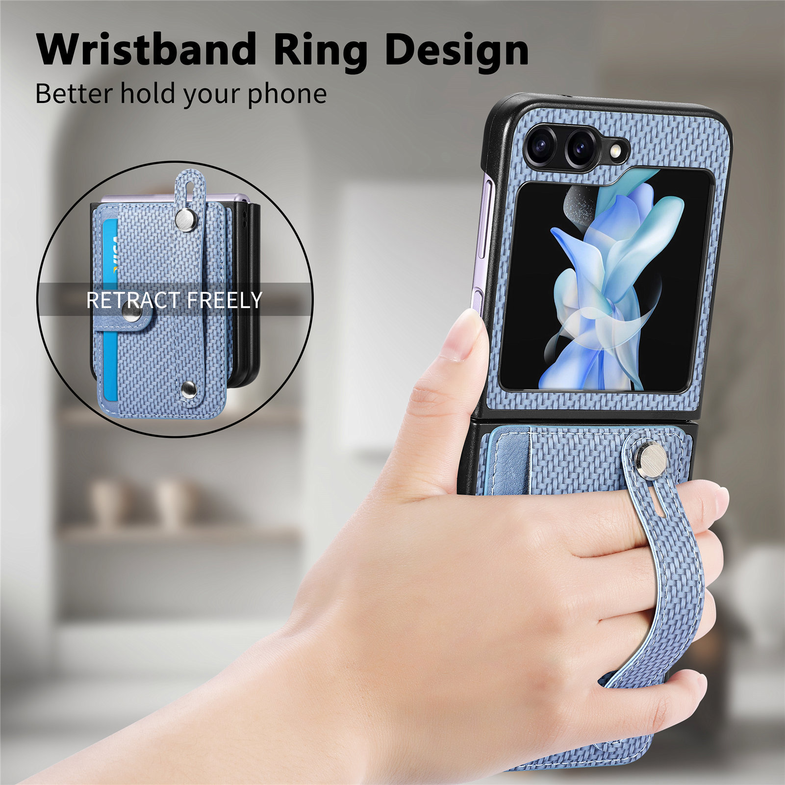 Compatible with Samsung Z Flip 8/7 phone case, 6/5 wrist strap, stand, card holder, Razr70U fiber texture protective case