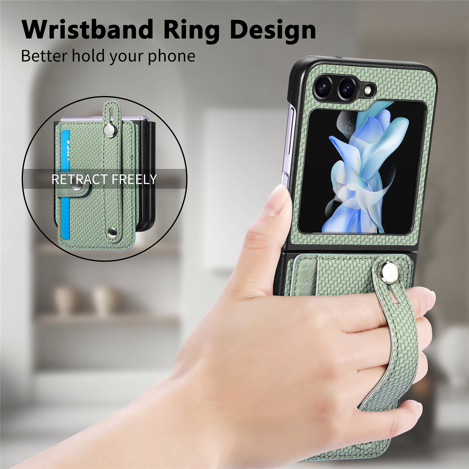 Compatible with Samsung Z Flip 8/7 phone case, 6/5 wrist strap, stand, card holder, Razr70U fiber texture protective case