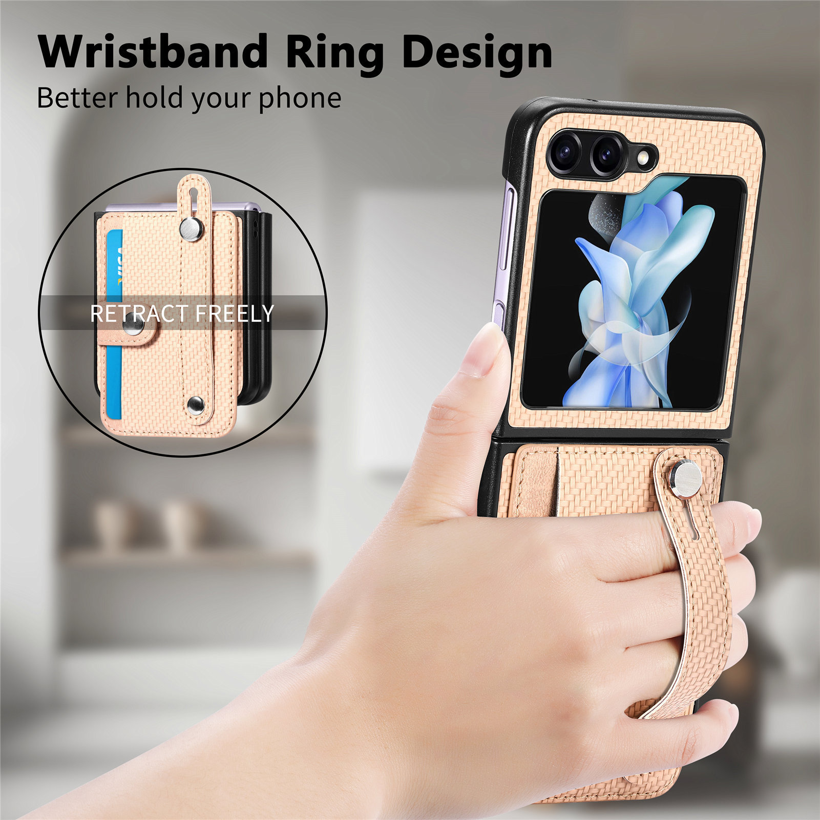 Compatible with Samsung Z Flip 8/7 phone case, 6/5 wrist strap, stand, card holder, Razr70U fiber texture protective case