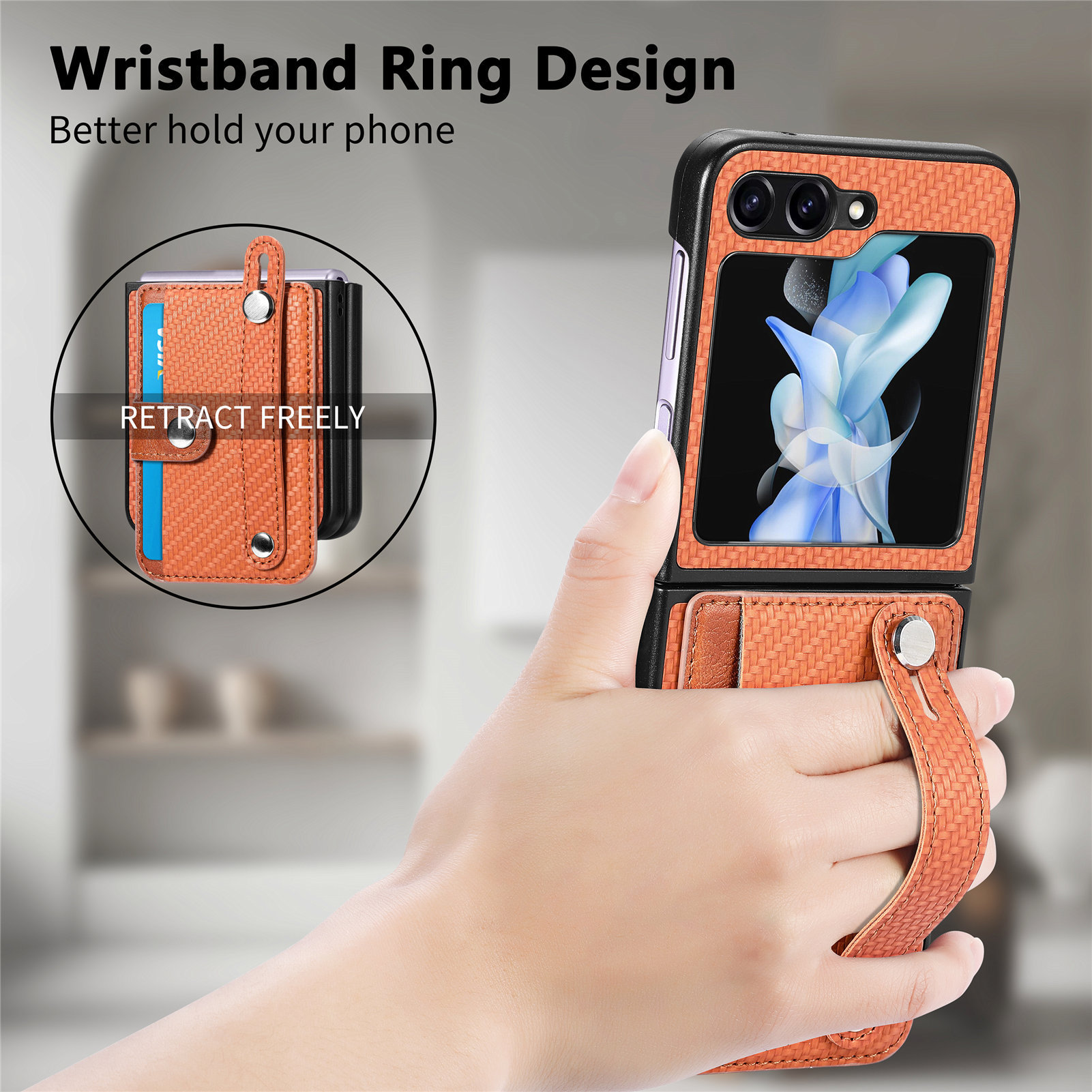 Compatible with Samsung Z Flip 8/7 phone case, 6/5 wrist strap, stand, card holder, Razr70U fiber texture protective case