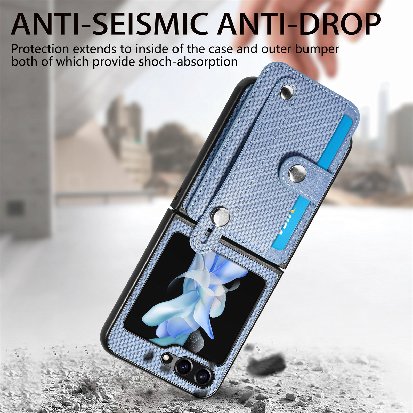 Compatible with Samsung Z Flip 8/7 phone case, 6/5 wrist strap, stand, card holder, Razr70U fiber texture protective case