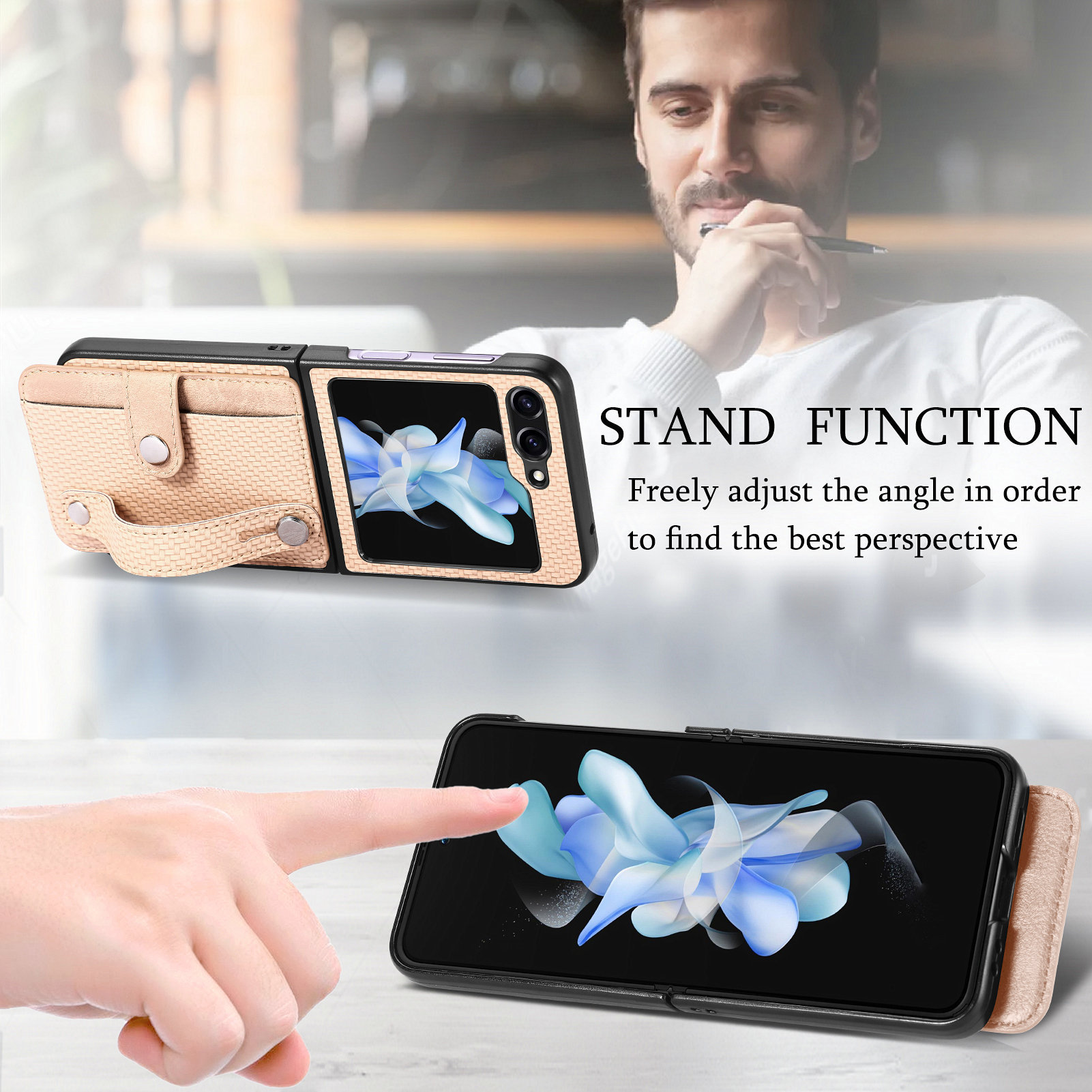 Compatible with Samsung Z Flip 8/7 phone case, 6/5 wrist strap, stand, card holder, Razr70U fiber texture protective case