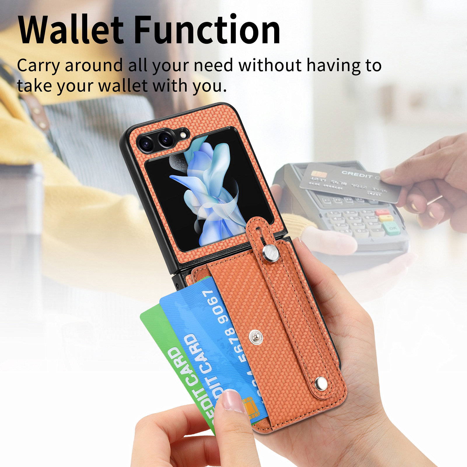 Compatible with Samsung Z Flip 8/7 phone case, 6/5 wrist strap, stand, card holder, Razr70U fiber texture protective case