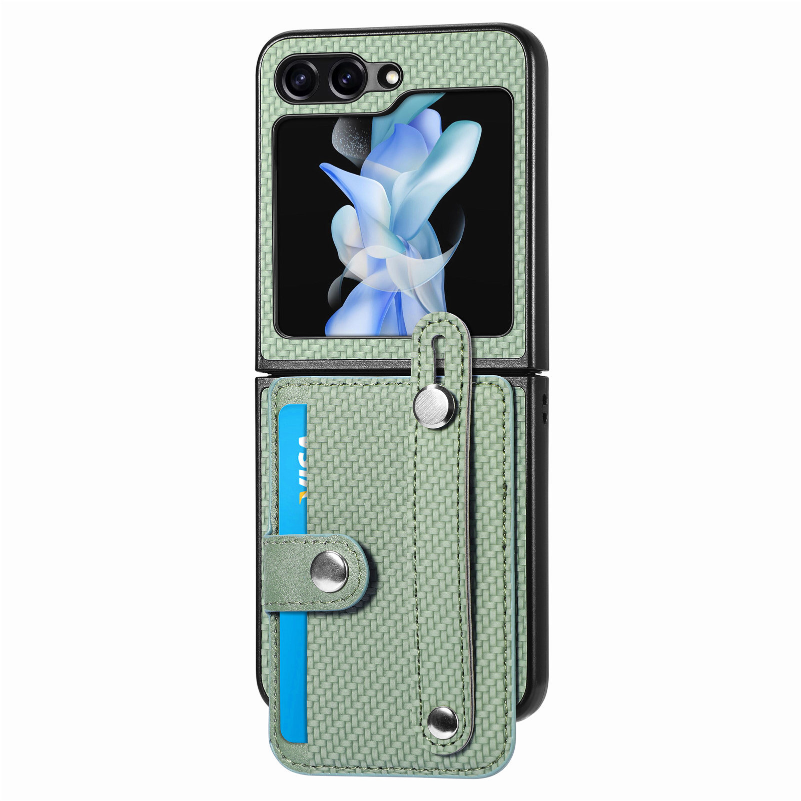 Compatible with Samsung Z Flip 8/7 phone case, 6/5 wrist strap, stand, card holder, Razr70U fiber texture protective case