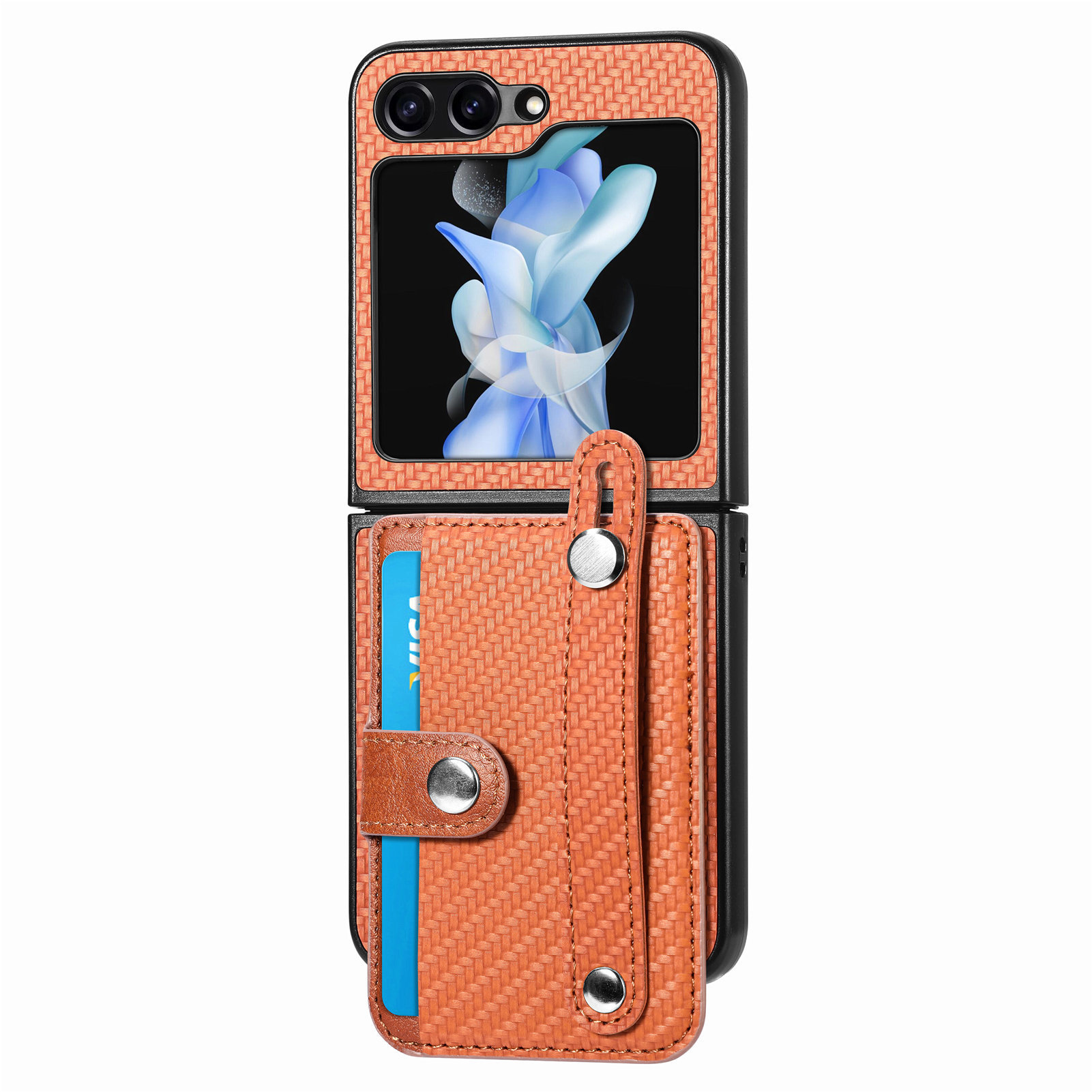 Compatible with Samsung Z Flip 8/7 phone case, 6/5 wrist strap, stand, card holder, Razr70U fiber texture protective case