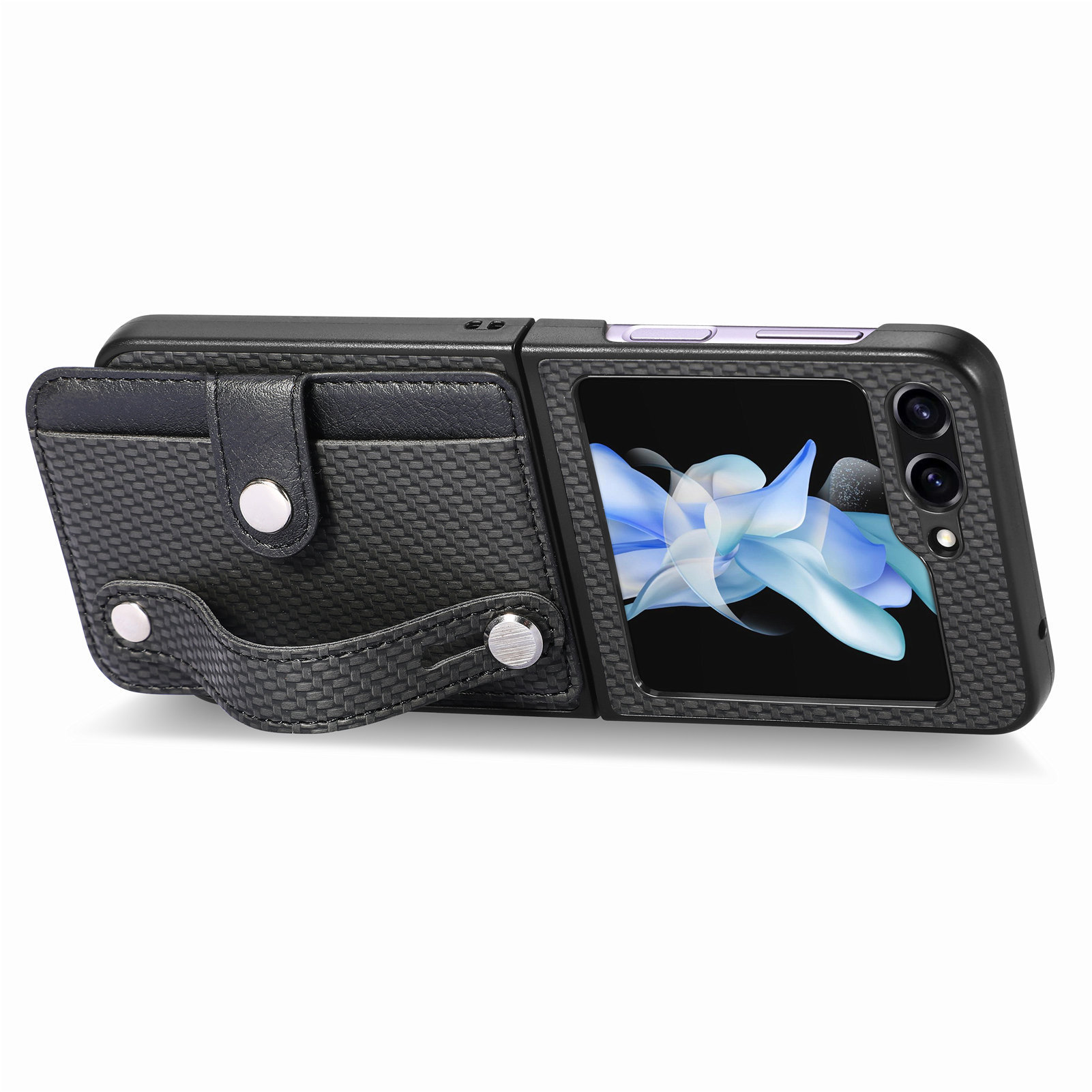Compatible with Samsung Z Flip 8/7 phone case, 6/5 wrist strap, stand, card holder, Razr70U fiber texture protective case