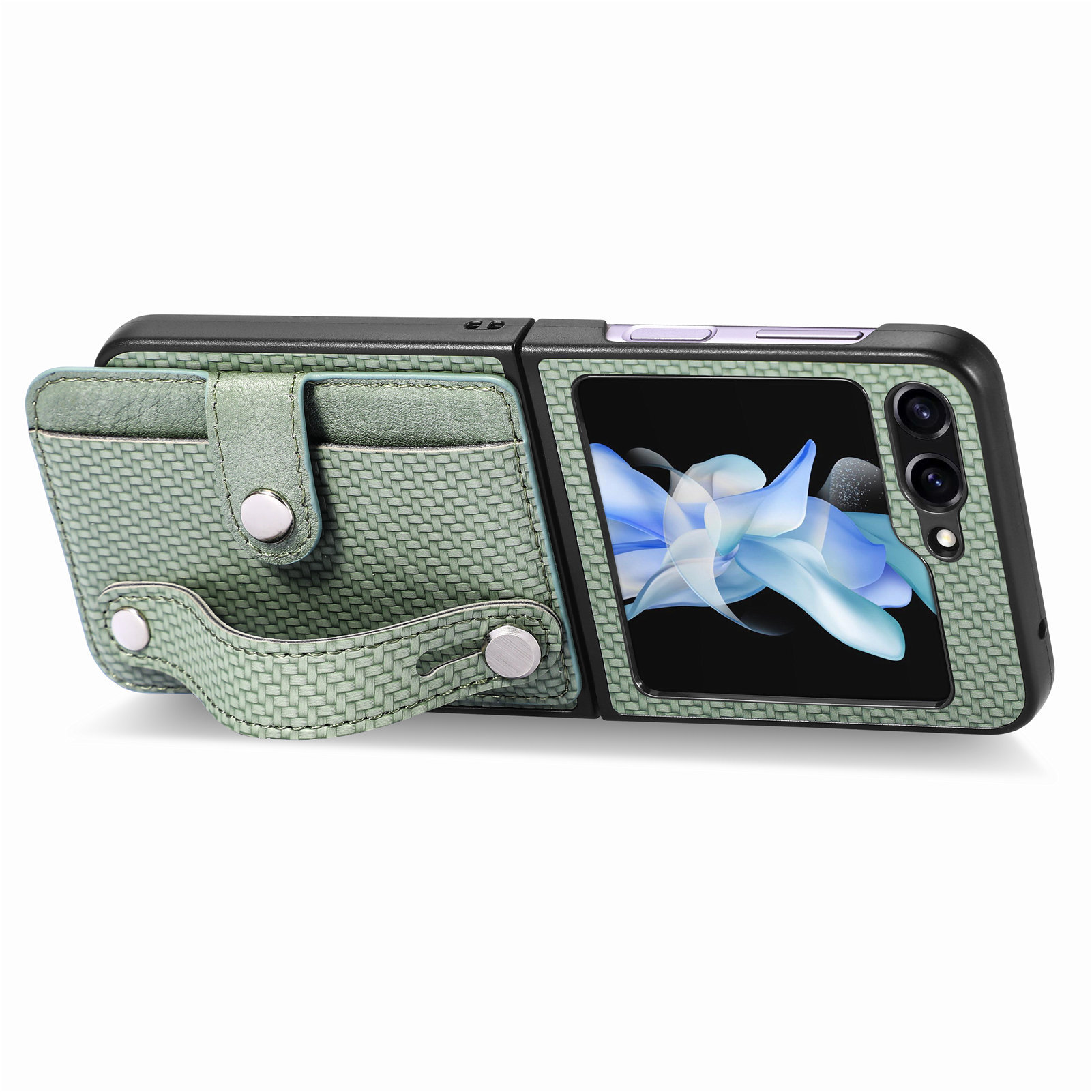Compatible with Samsung Z Flip 8/7 phone case, 6/5 wrist strap, stand, card holder, Razr70U fiber texture protective case