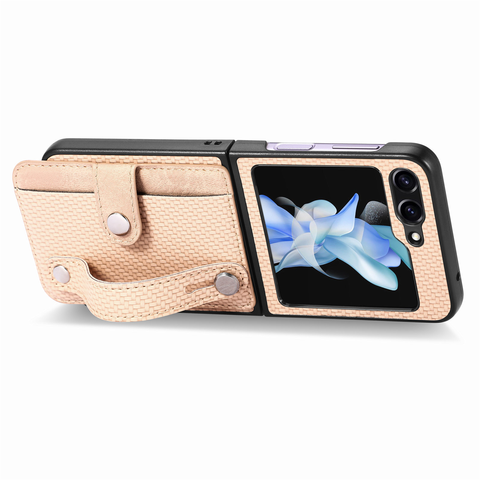 Compatible with Samsung Z Flip 8/7 phone case, 6/5 wrist strap, stand, card holder, Razr70U fiber texture protective case