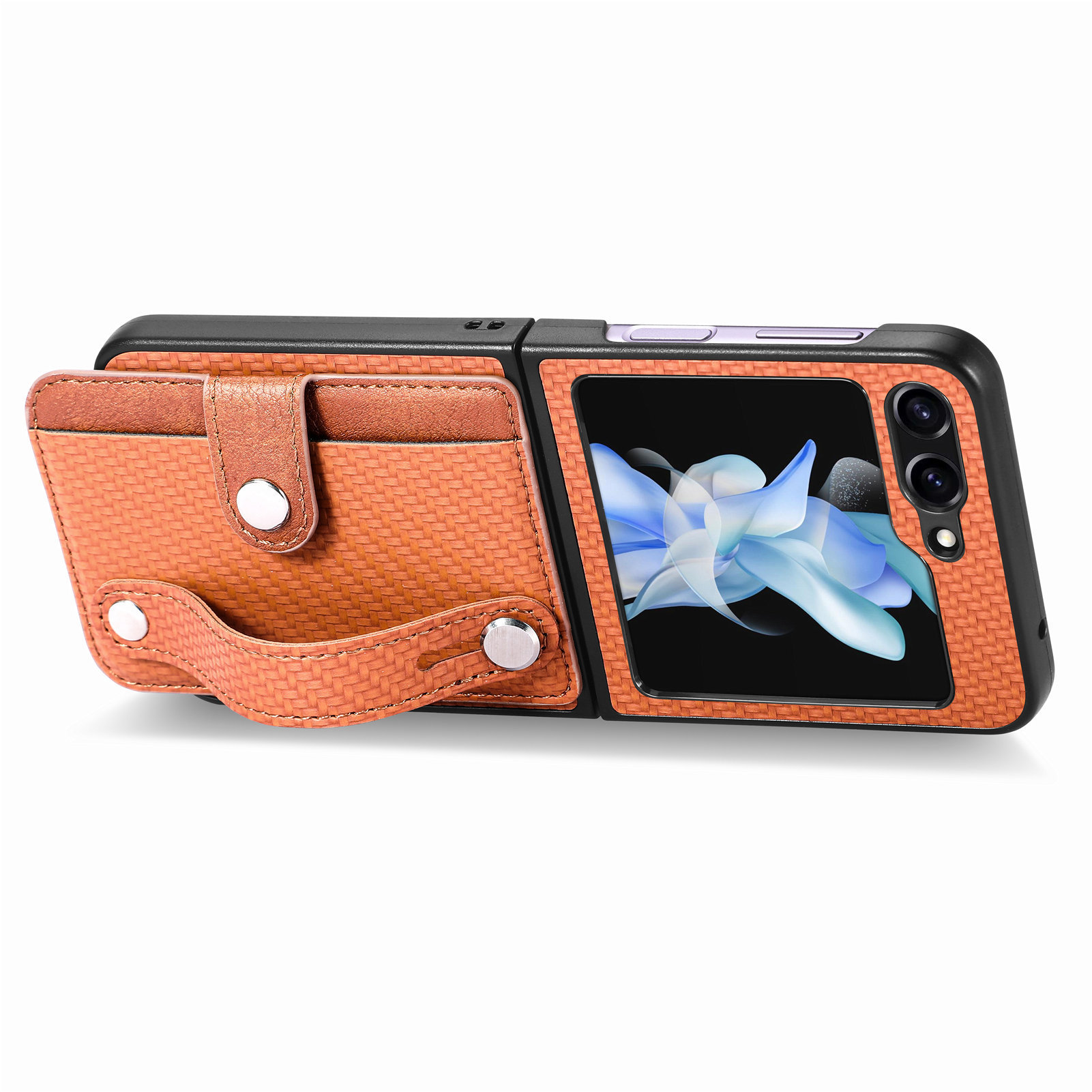 Compatible with Samsung Z Flip 8/7 phone case, 6/5 wrist strap, stand, card holder, Razr70U fiber texture protective case
