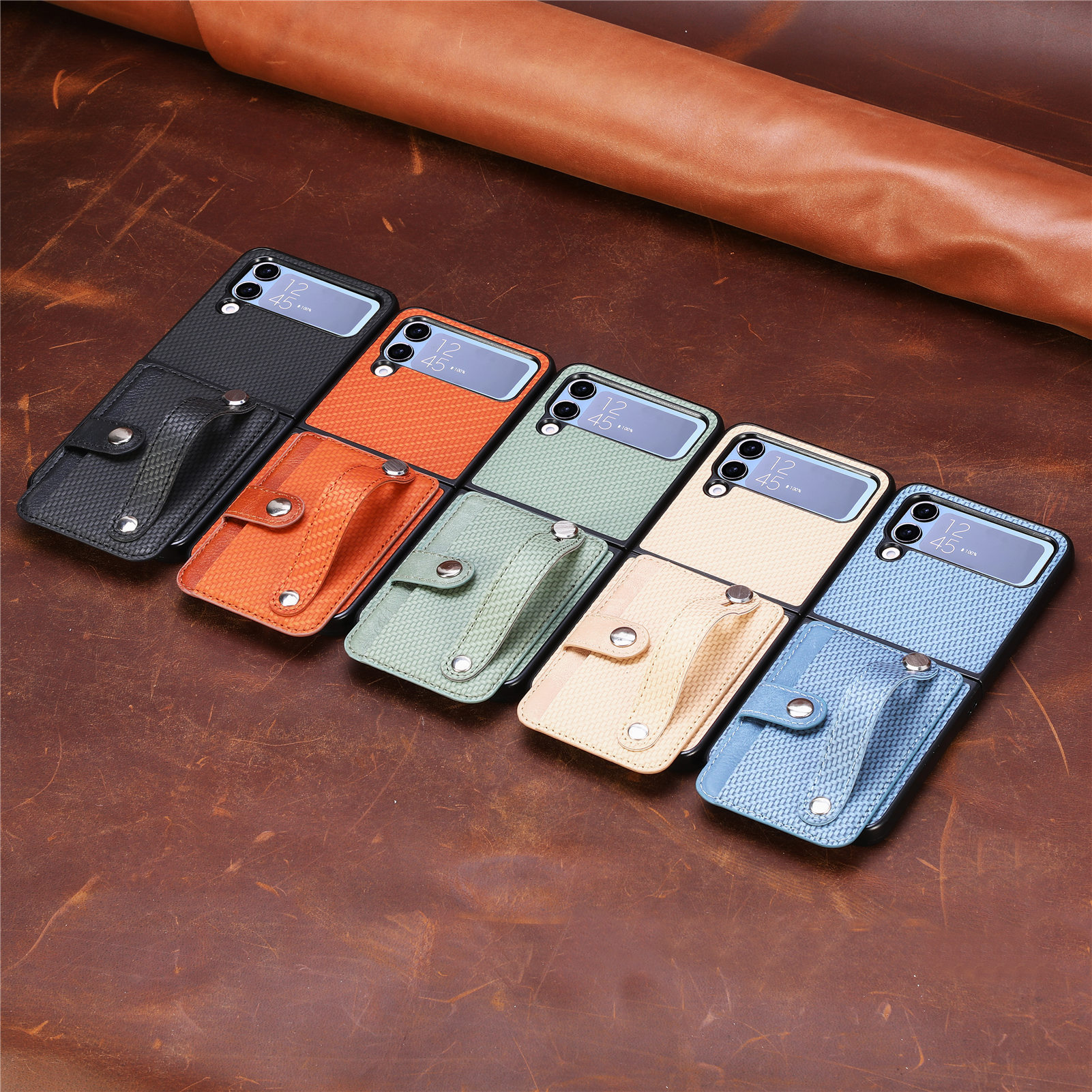 Compatible with Samsung Z Flip 8/7 phone case, 6/5 wrist strap, stand, card holder, Razr70U fiber texture protective case