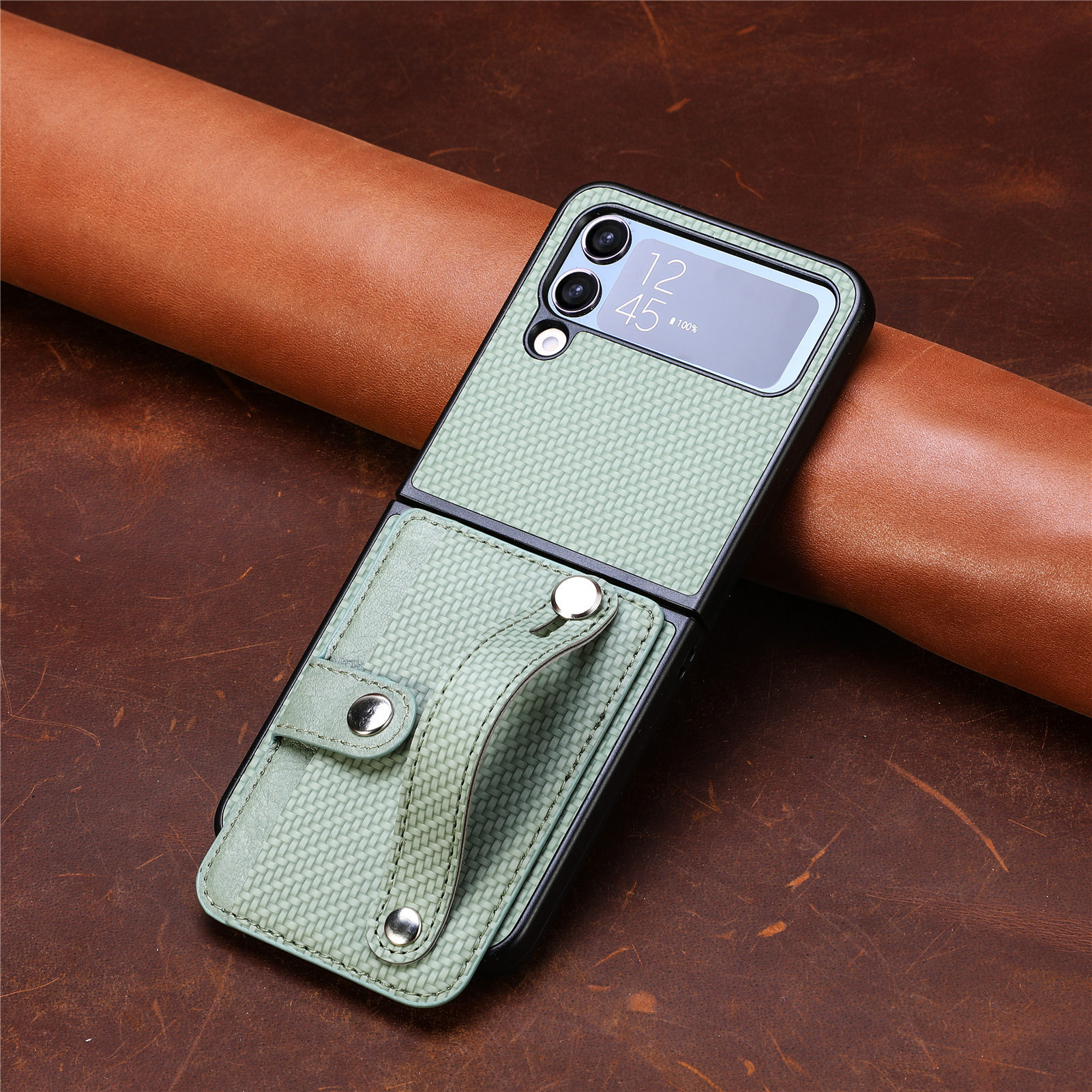 Compatible with Samsung Z Flip 8/7 phone case, 6/5 wrist strap, stand, card holder, Razr70U fiber texture protective case