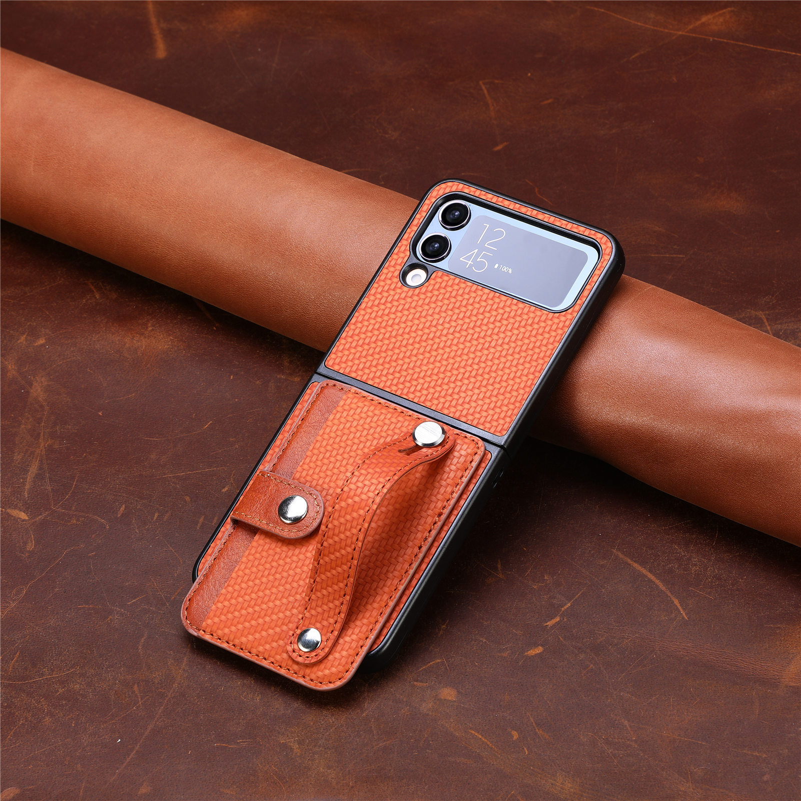 Compatible with Samsung Z Flip 8/7 phone case, 6/5 wrist strap, stand, card holder, Razr70U fiber texture protective case