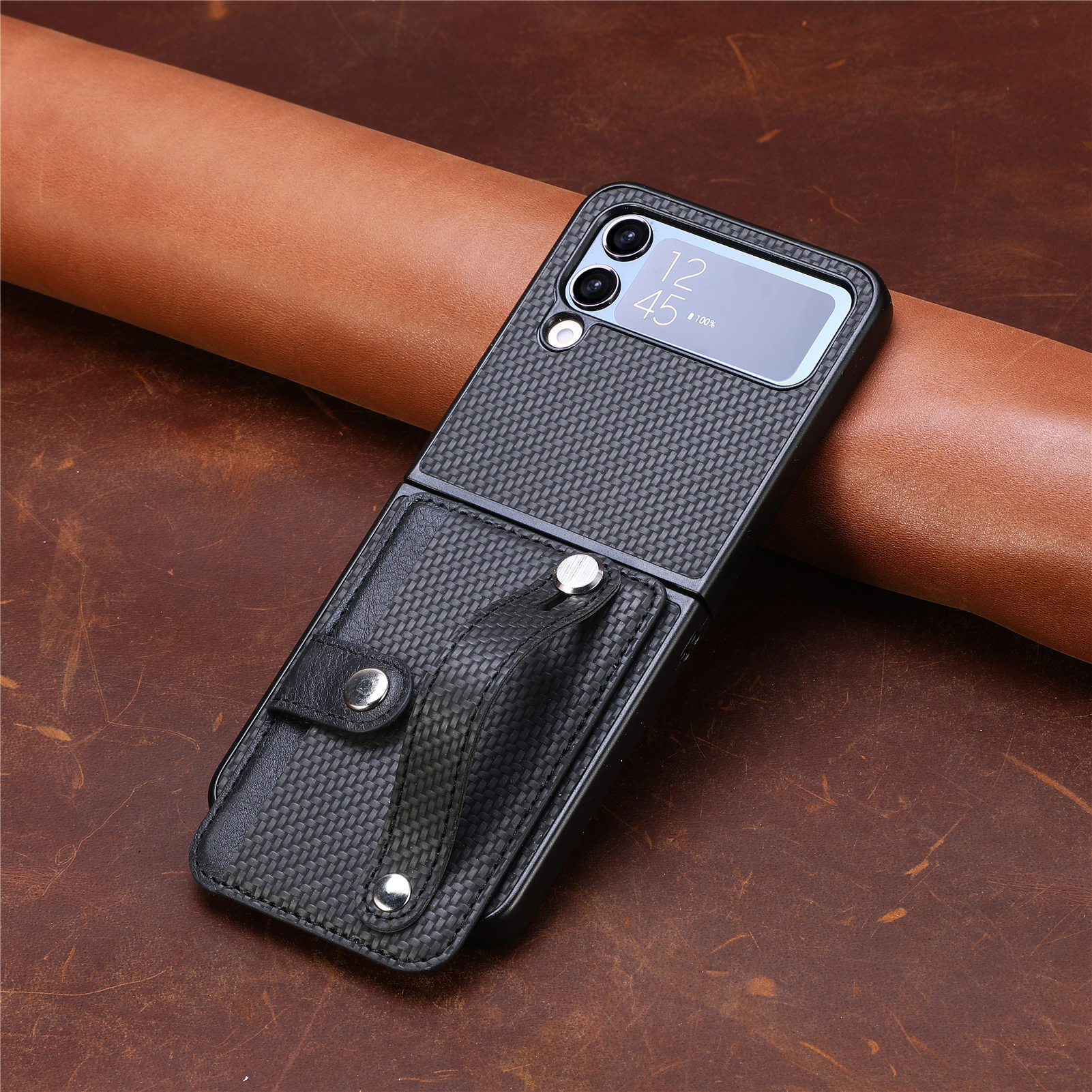 Compatible with Samsung Z Flip 8/7 phone case, 6/5 wrist strap, stand, card holder, Razr70U fiber texture protective case