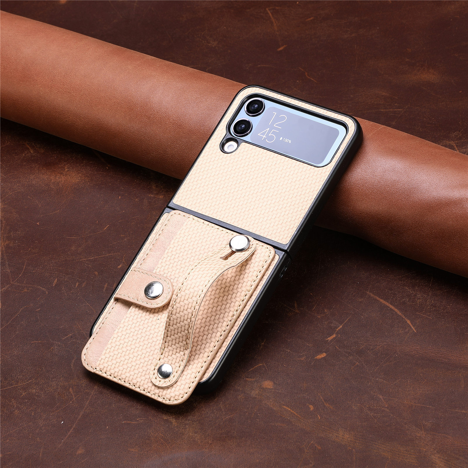 Compatible with Samsung Z Flip 8/7 phone case, 6/5 wrist strap, stand, card holder, Razr70U fiber texture protective case