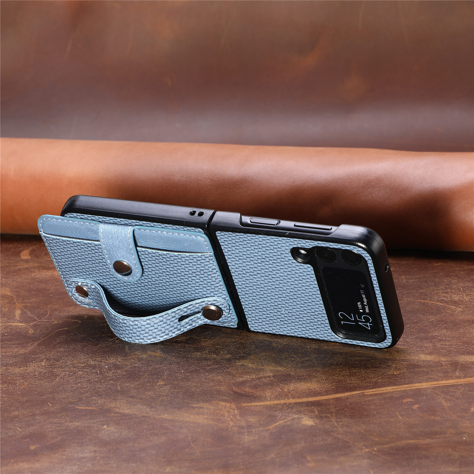 Compatible with Samsung Z Flip 8/7 phone case, 6/5 wrist strap, stand, card holder, Razr70U fiber texture protective case