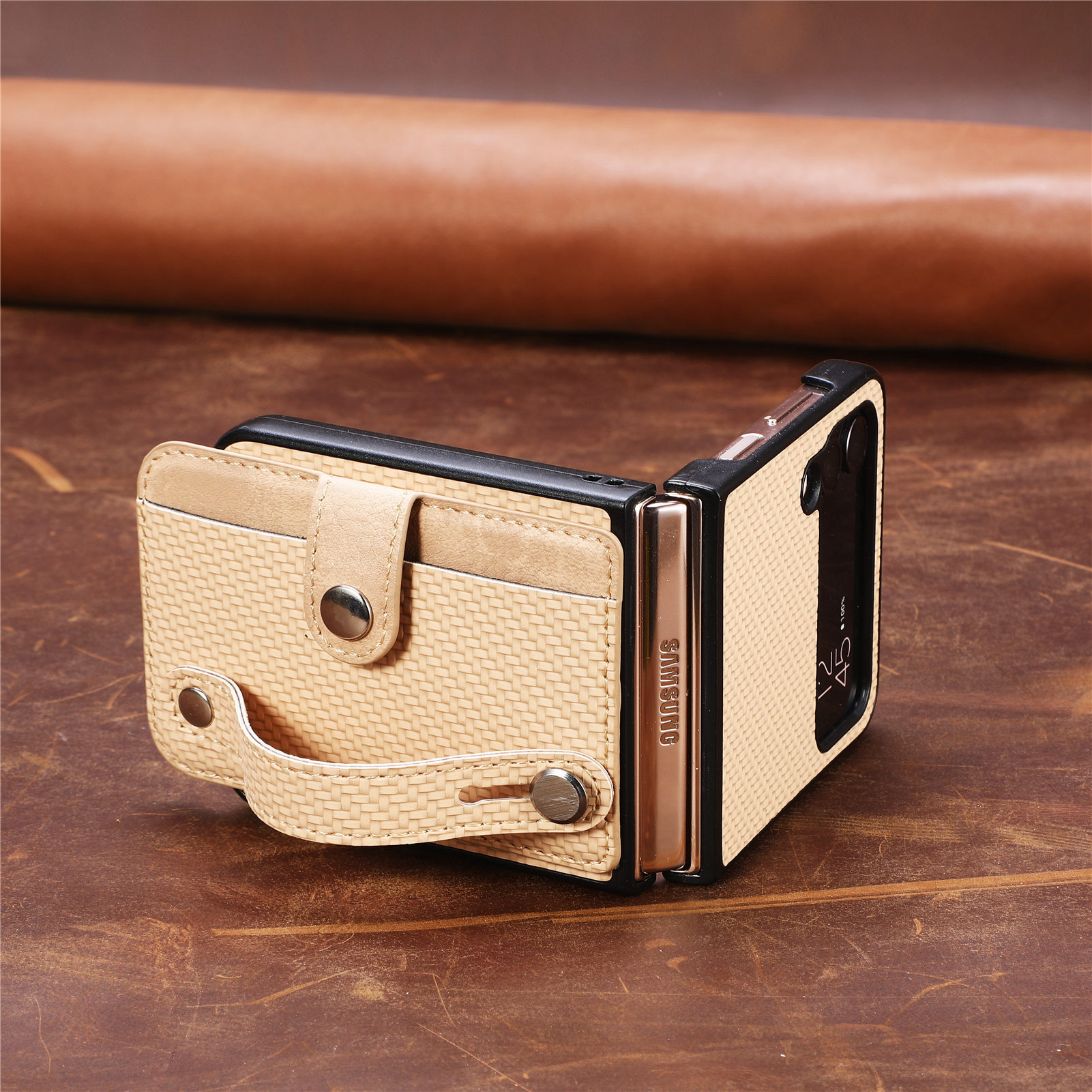 Compatible with Samsung Z Flip 8/7 phone case, 6/5 wrist strap, stand, card holder, Razr70U fiber texture protective case