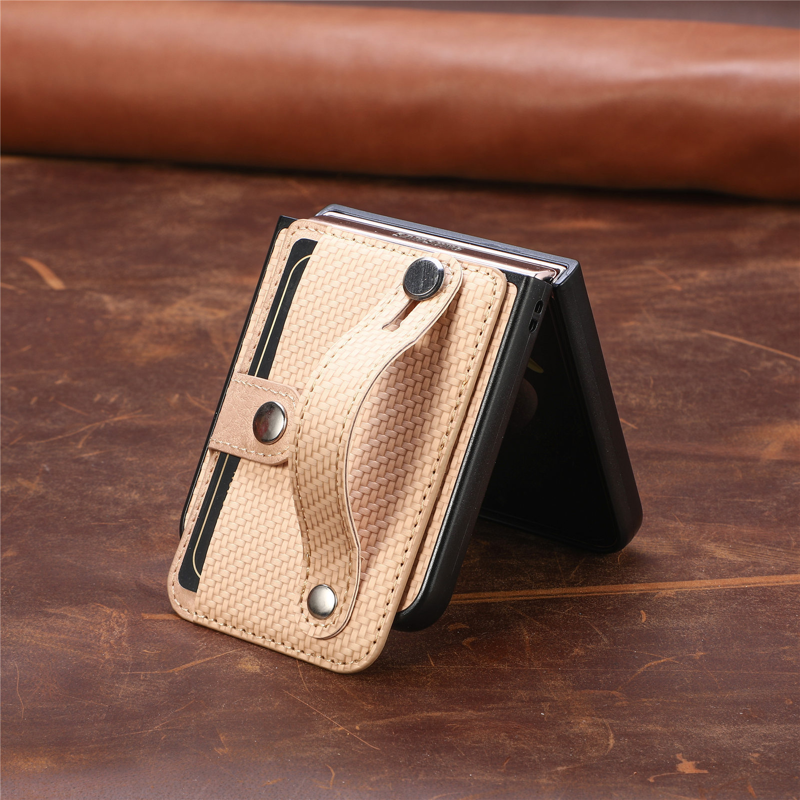 Compatible with Samsung Z Flip 8/7 phone case, 6/5 wrist strap, stand, card holder, Razr70U fiber texture protective case