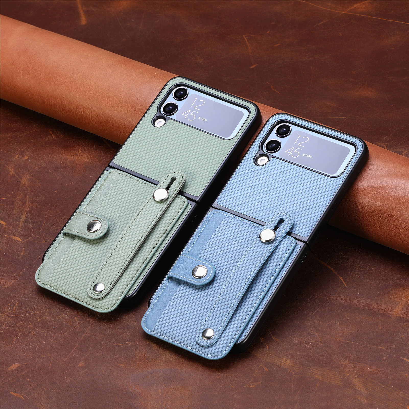 Compatible with Samsung Z Flip 8/7 phone case, 6/5 wrist strap, stand, card holder, Razr70U fiber texture protective case