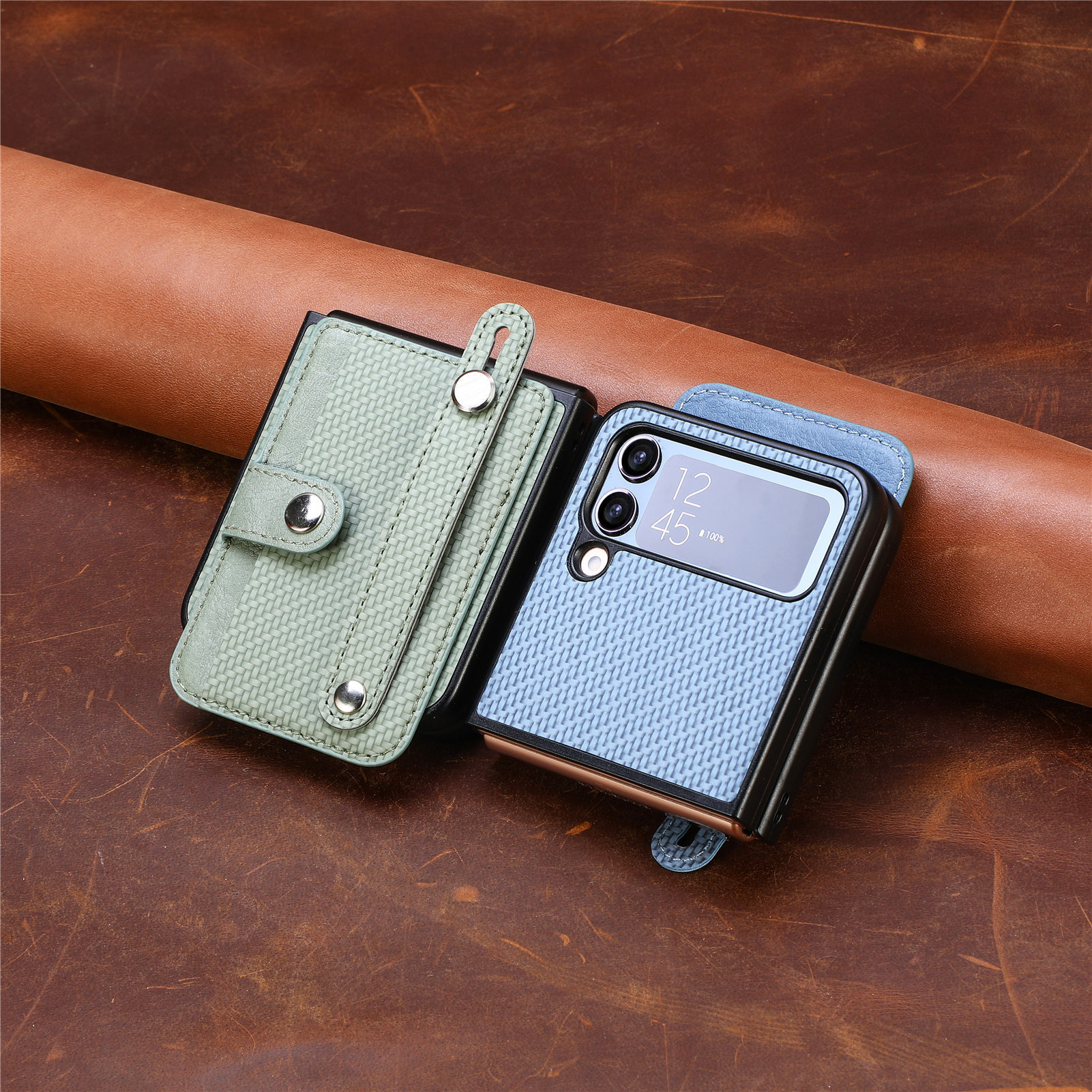 Compatible with Samsung Z Flip 8/7 phone case, 6/5 wrist strap, stand, card holder, Razr70U fiber texture protective case