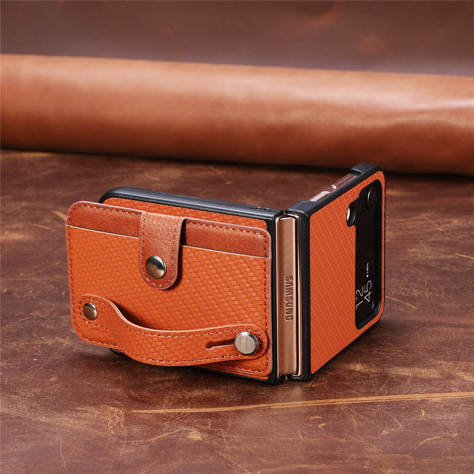 Compatible with Samsung Z Flip 8/7 phone case, 6/5 wrist strap, stand, card holder, Razr70U fiber texture protective case