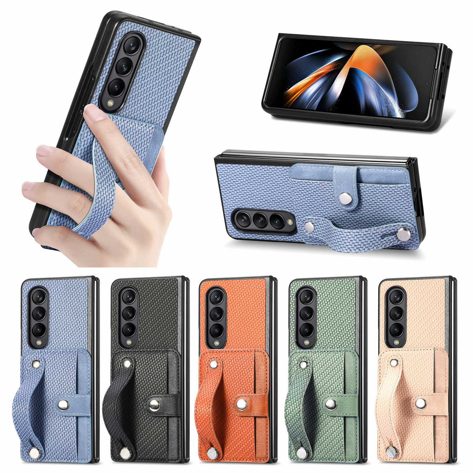 Compatible with Samsung Z Fold8U phone case 7/6/5 card holder wrist strap stand fiber texture 4/3 shockproof protective case
