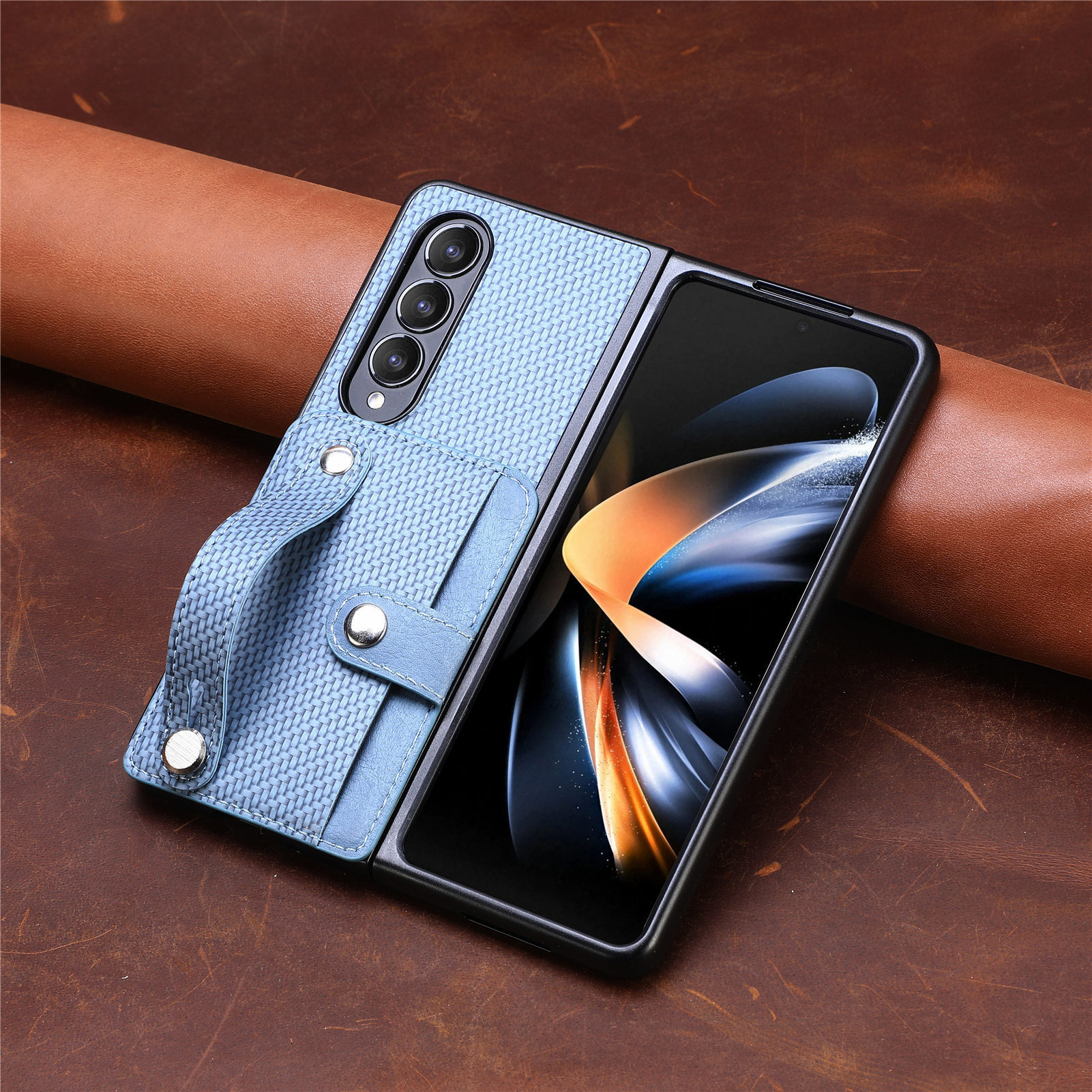 Compatible with Samsung Z Fold8U phone case 7/6/5 card holder wrist strap stand fiber texture 4/3 shockproof protective case