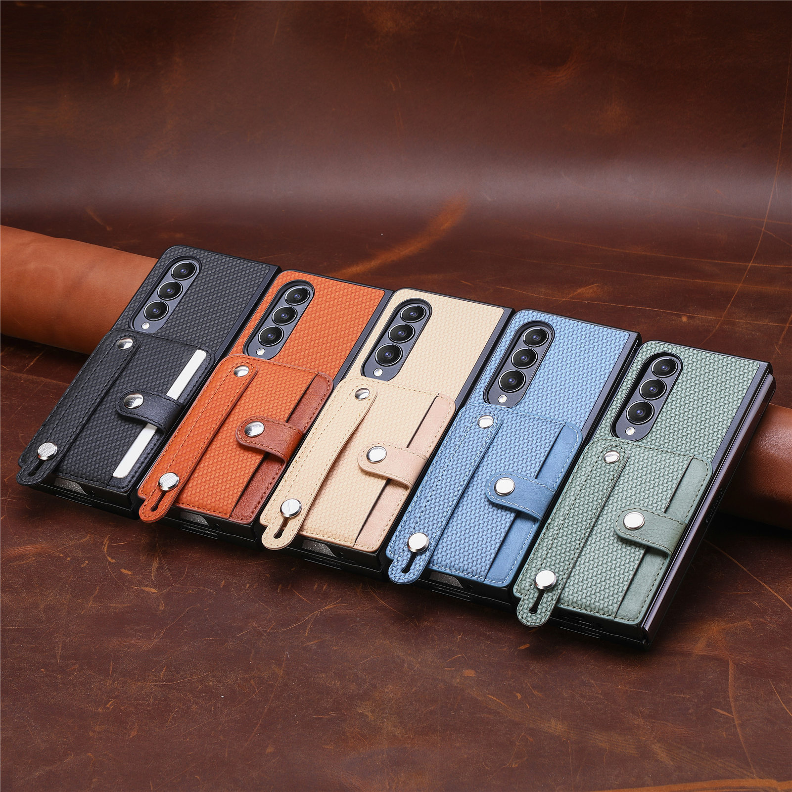 Compatible with Samsung Z Fold8U phone case 7/6/5 card holder wrist strap stand fiber texture 4/3 shockproof protective case