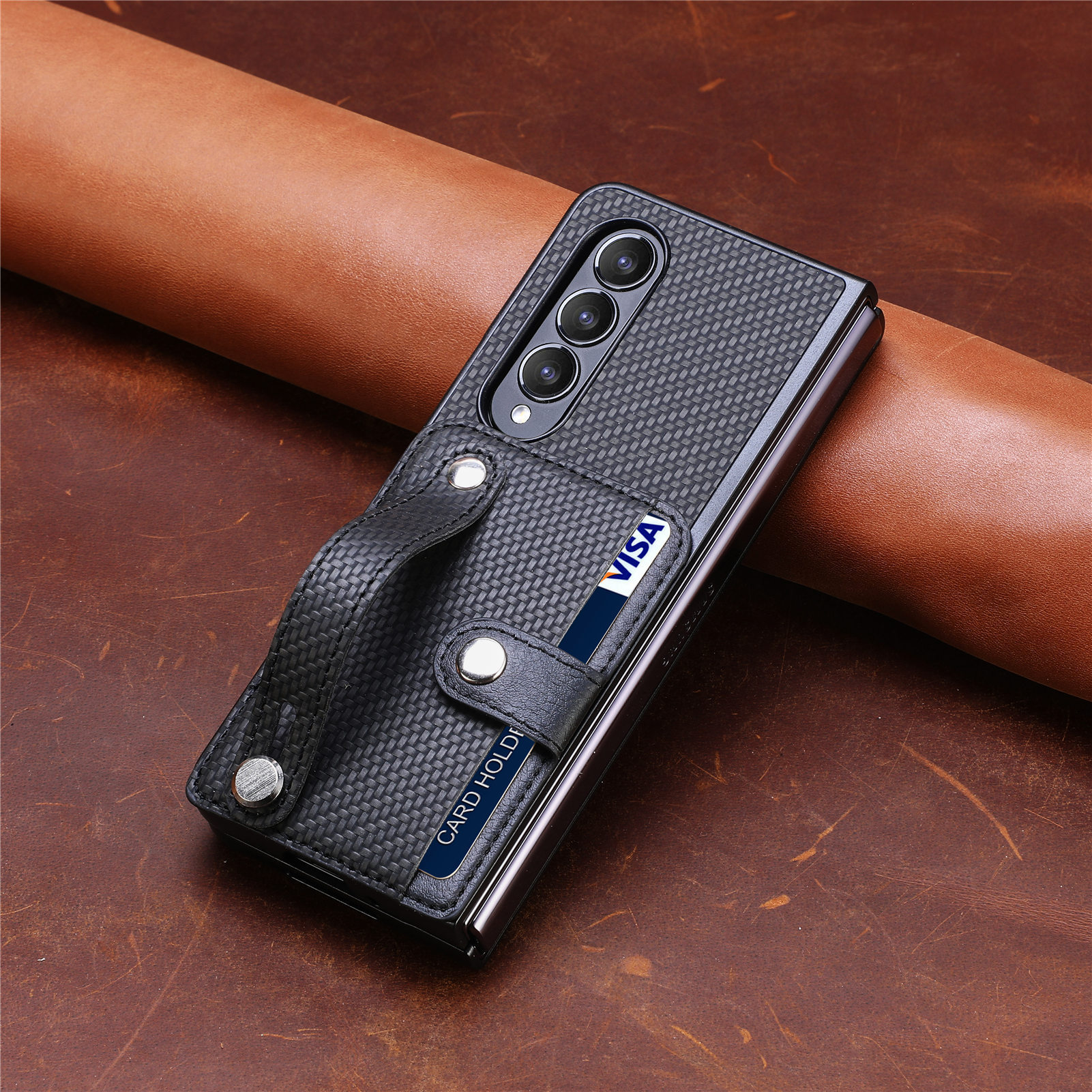 Compatible with Samsung Z Fold8U phone case 7/6/5 card holder wrist strap stand fiber texture 4/3 shockproof protective case
