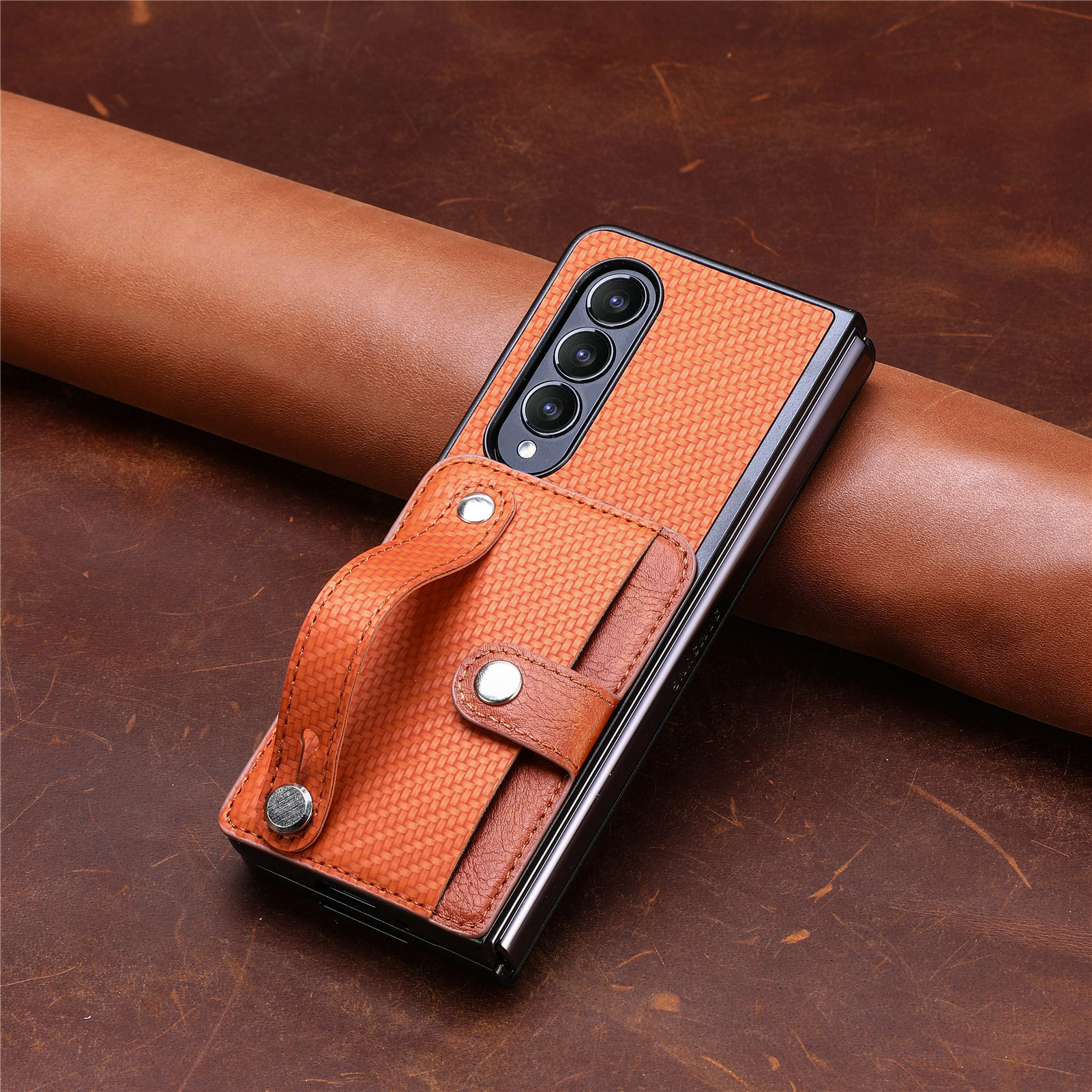 Compatible with Samsung Z Fold8U phone case 7/6/5 card holder wrist strap stand fiber texture 4/3 shockproof protective case