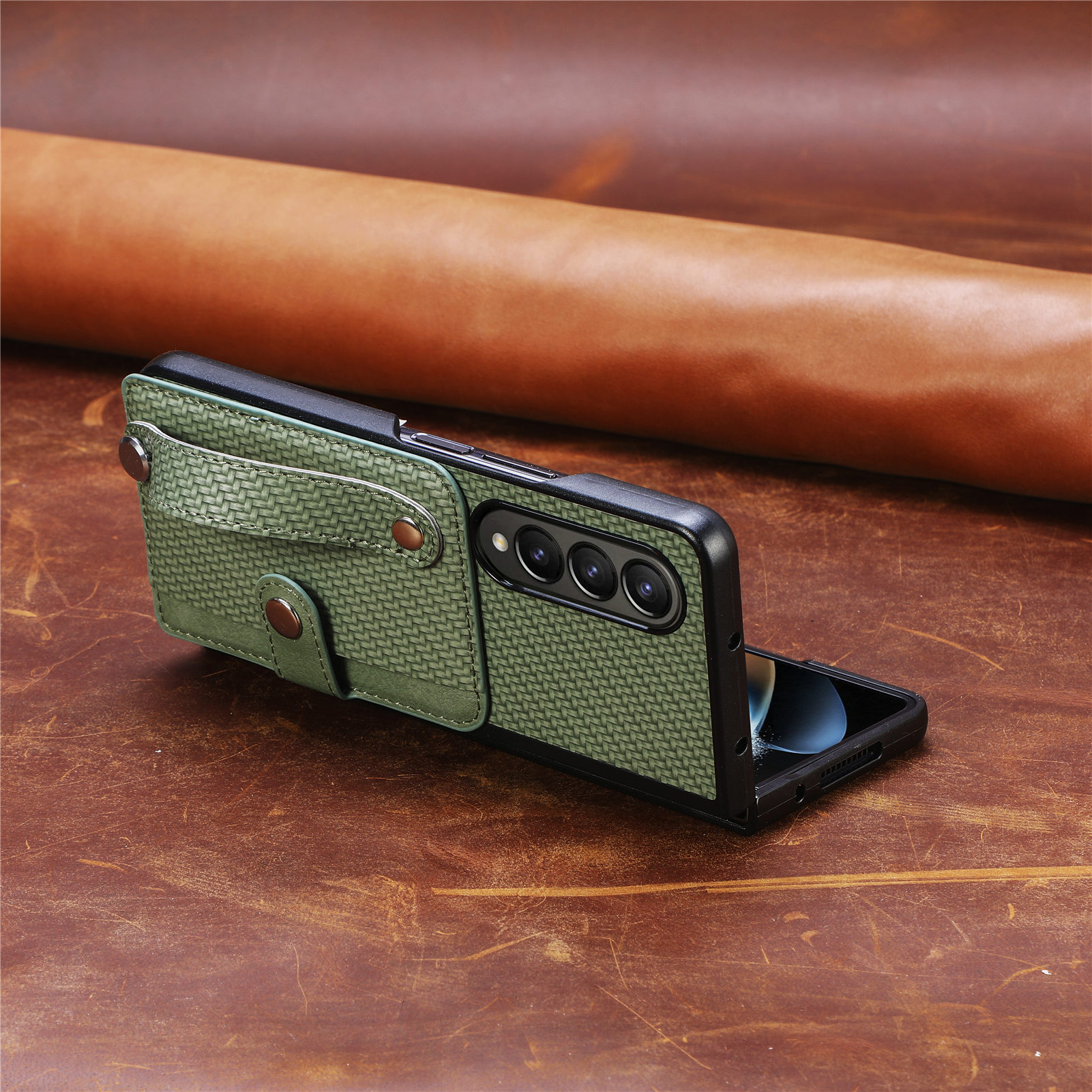 Compatible with Samsung Z Fold8U phone case 7/6/5 card holder wrist strap stand fiber texture 4/3 shockproof protective case