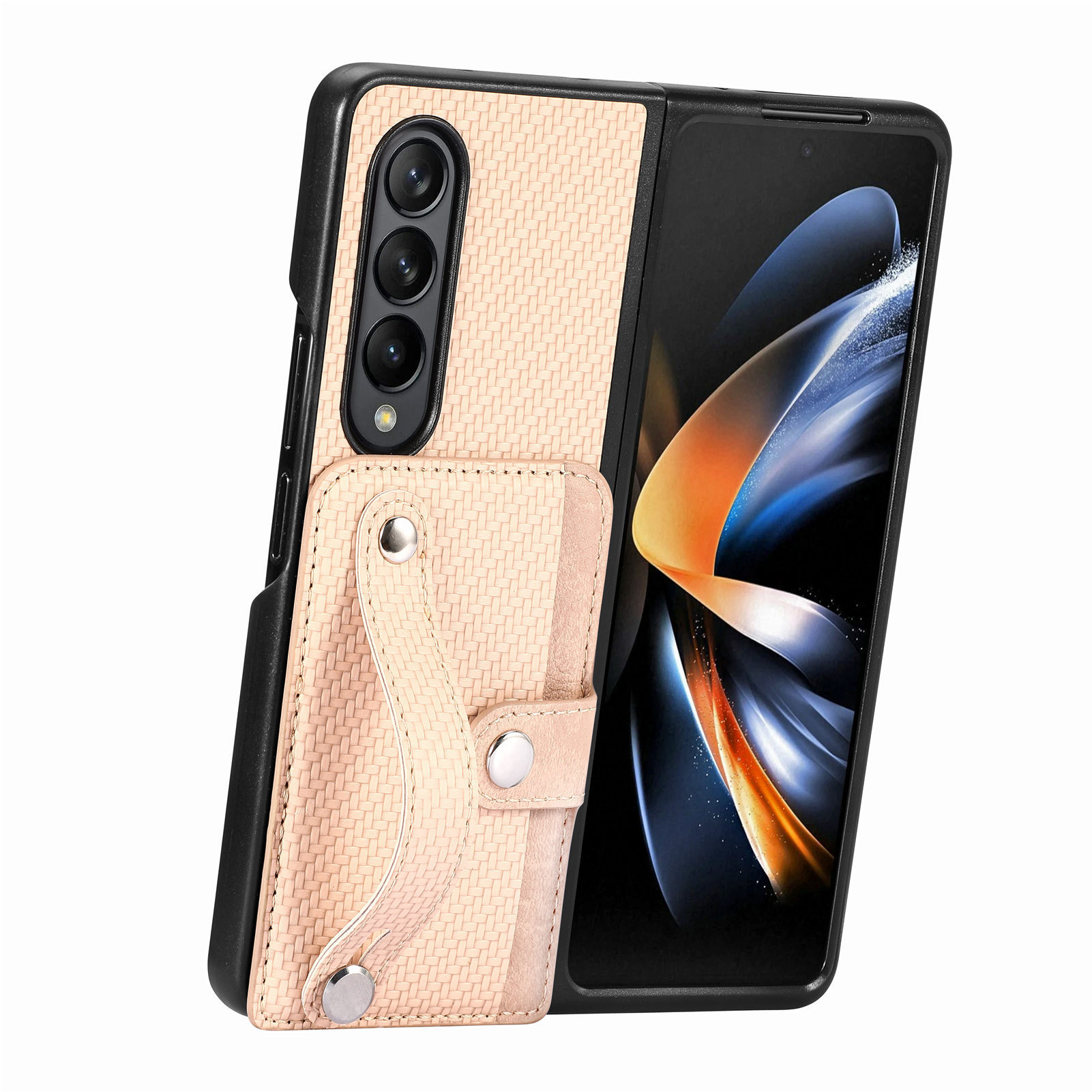 Compatible with Samsung Z Fold8U phone case 7/6/5 card holder wrist strap stand fiber texture 4/3 shockproof protective case