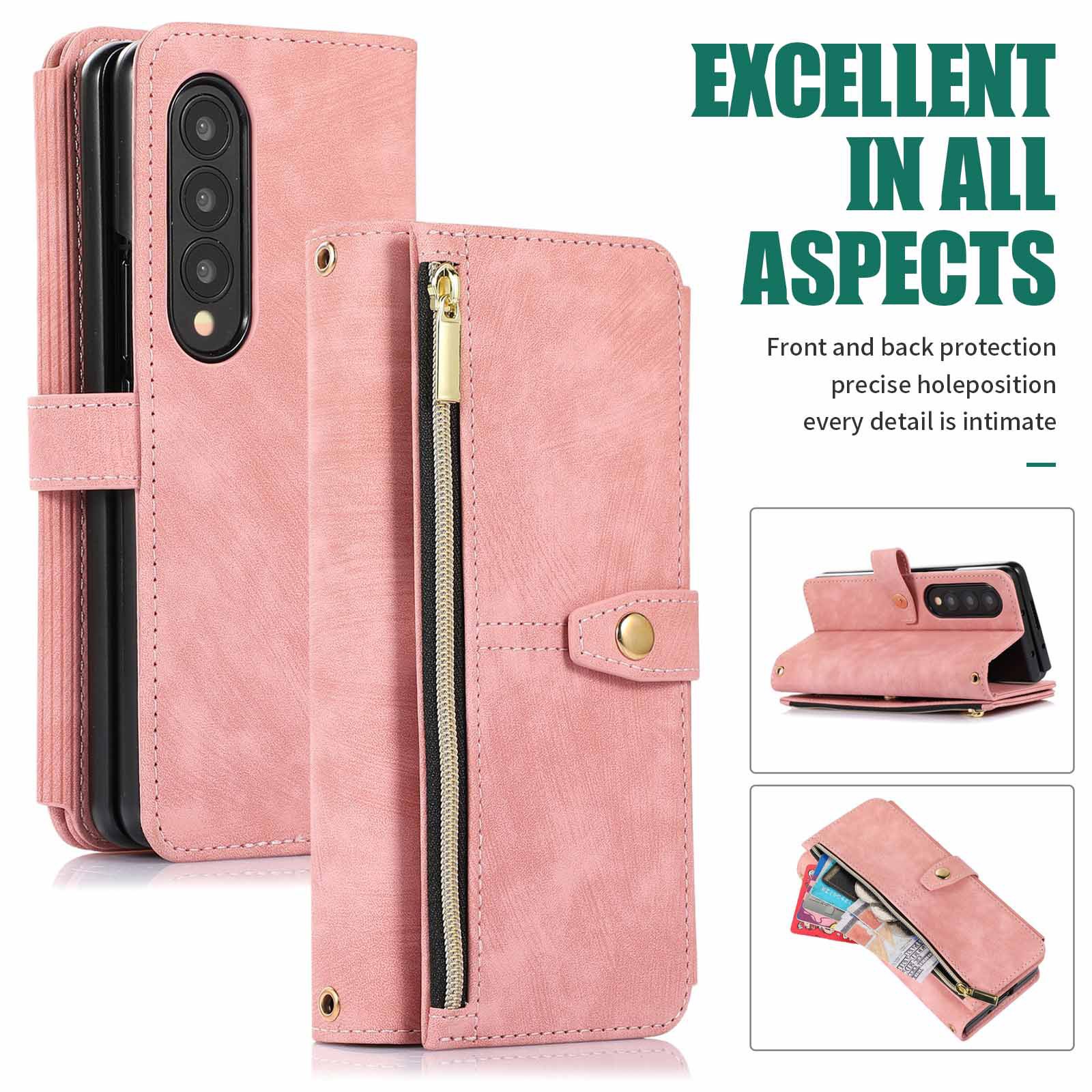 Compatible with Samsung Z Fold7/6/5 phone cases, 4/3 zipper wallets, multi-card slots, crossbody straps, and folding screen protective cases.