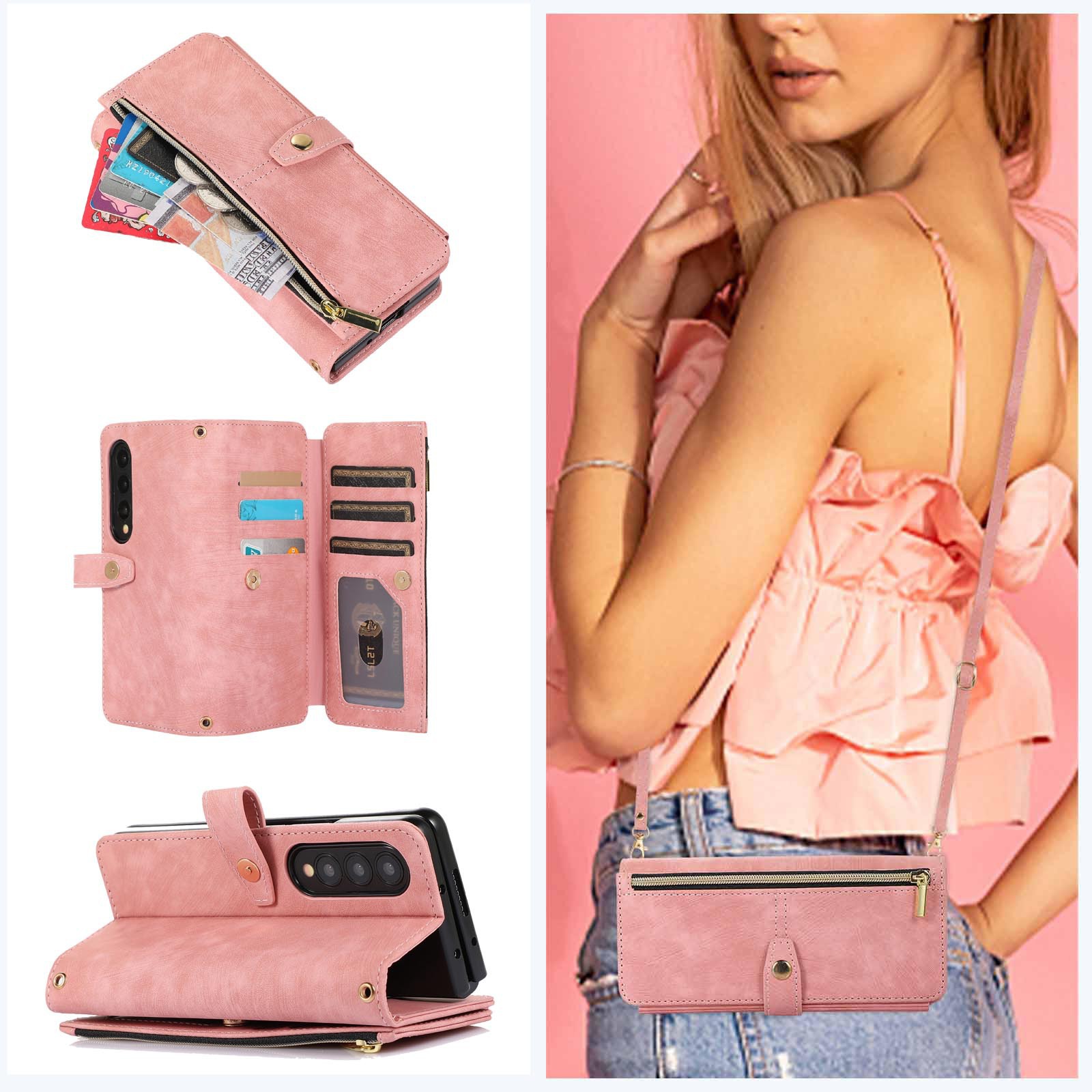 Compatible with Samsung Z Fold7/6/5 phone cases, 4/3 zipper wallets, multi-card slots, crossbody straps, and folding screen protective cases.