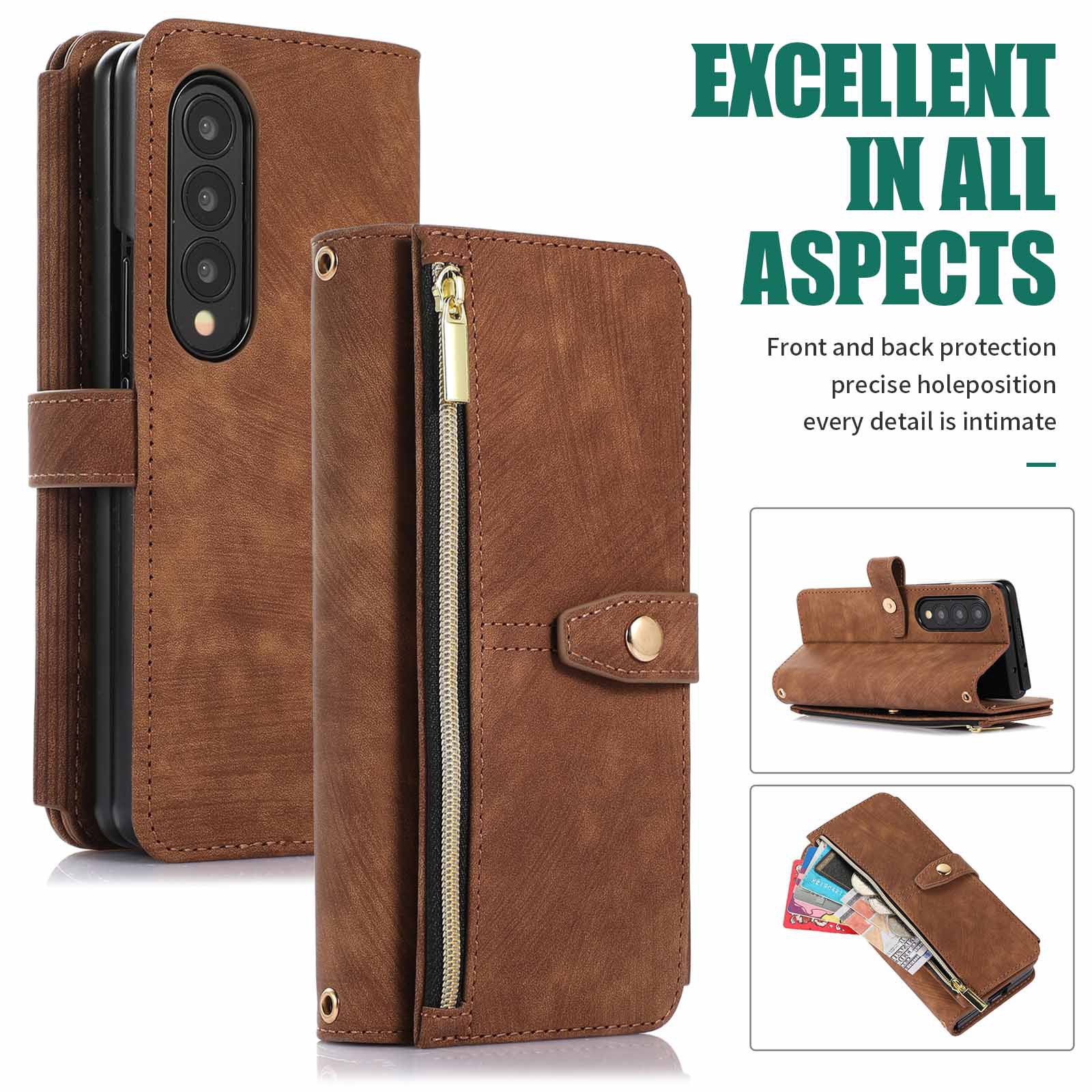 Compatible with Samsung Z Fold7/6/5 phone cases, 4/3 zipper wallets, multi-card slots, crossbody straps, and folding screen protective cases.
