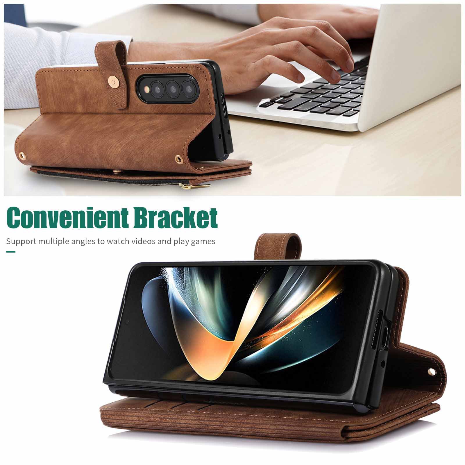 Compatible with Samsung Z Fold7/6/5 phone cases, 4/3 zipper wallets, multi-card slots, crossbody straps, and folding screen protective cases.