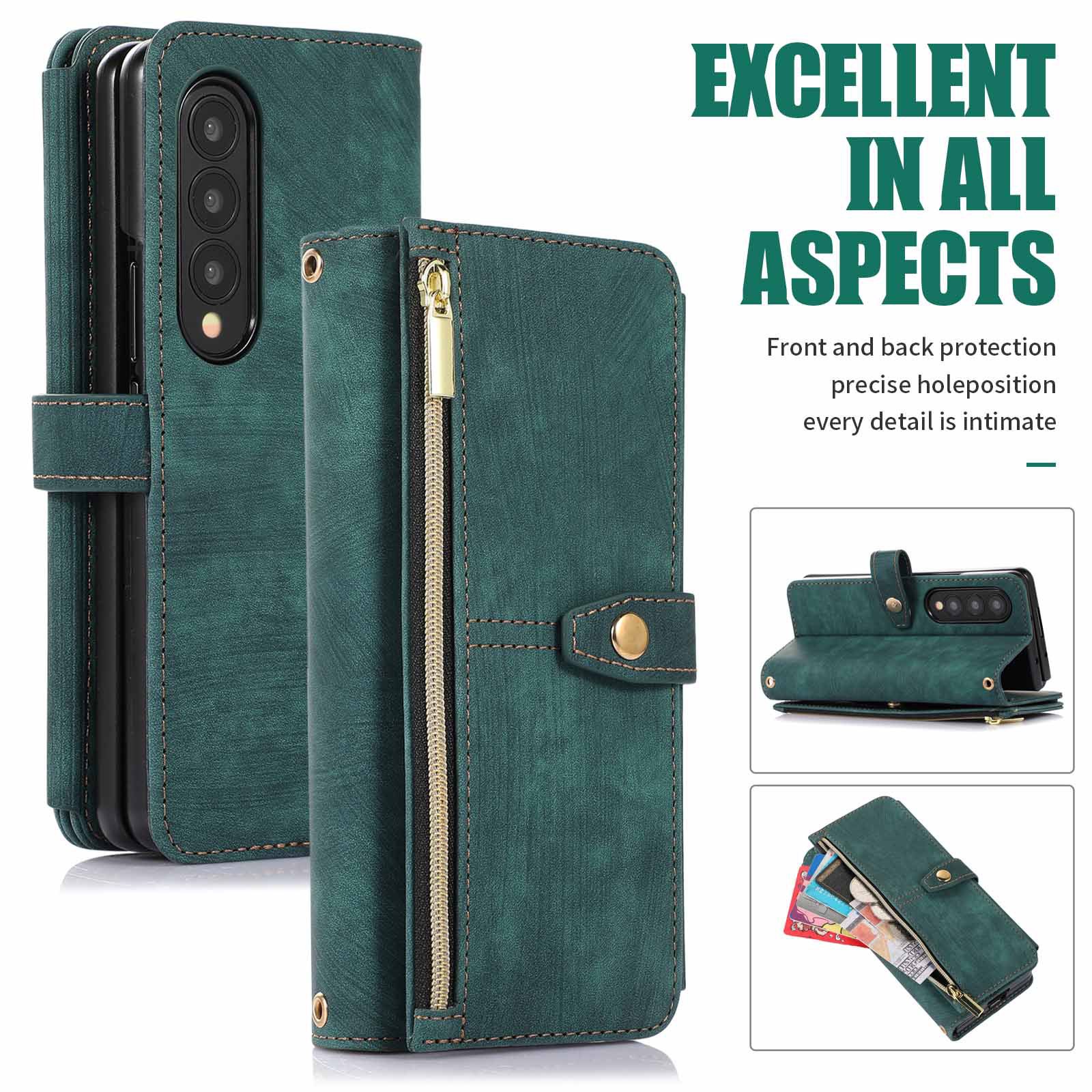 Compatible with Samsung Z Fold7/6/5 phone cases, 4/3 zipper wallets, multi-card slots, crossbody straps, and folding screen protective cases.