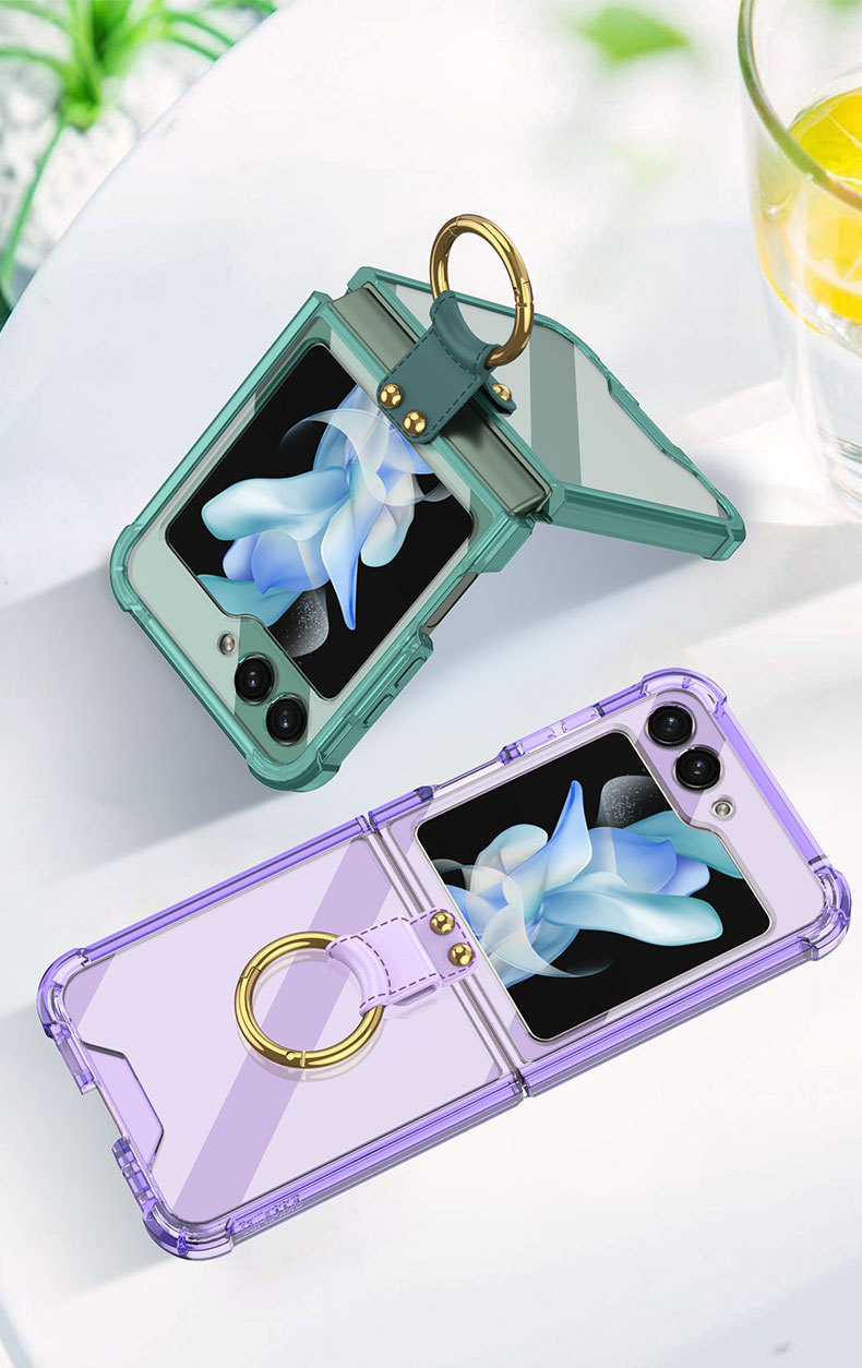Compatible with Samsung Z Flip 6/5 phone case, 4/3 airbag drop-proof ring buckle stand, transparent folding screen protective case