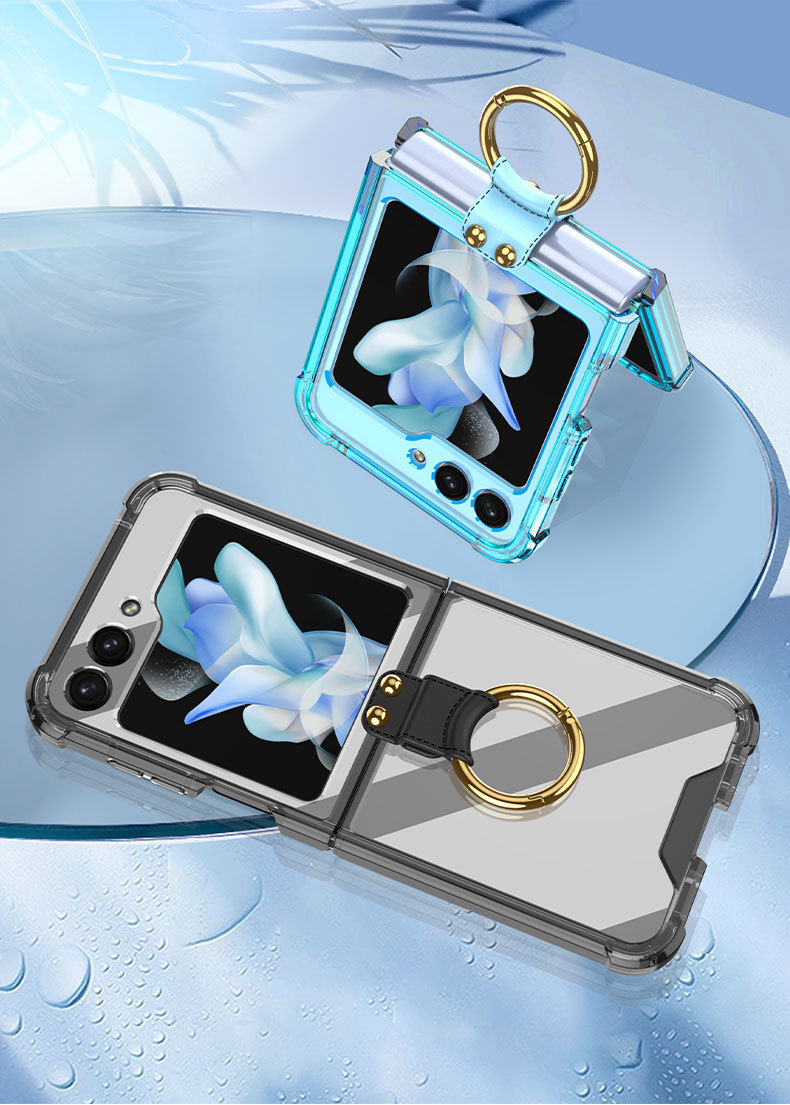 Compatible with Samsung Z Flip 6/5 phone case, 4/3 airbag drop-proof ring buckle stand, transparent folding screen protective case