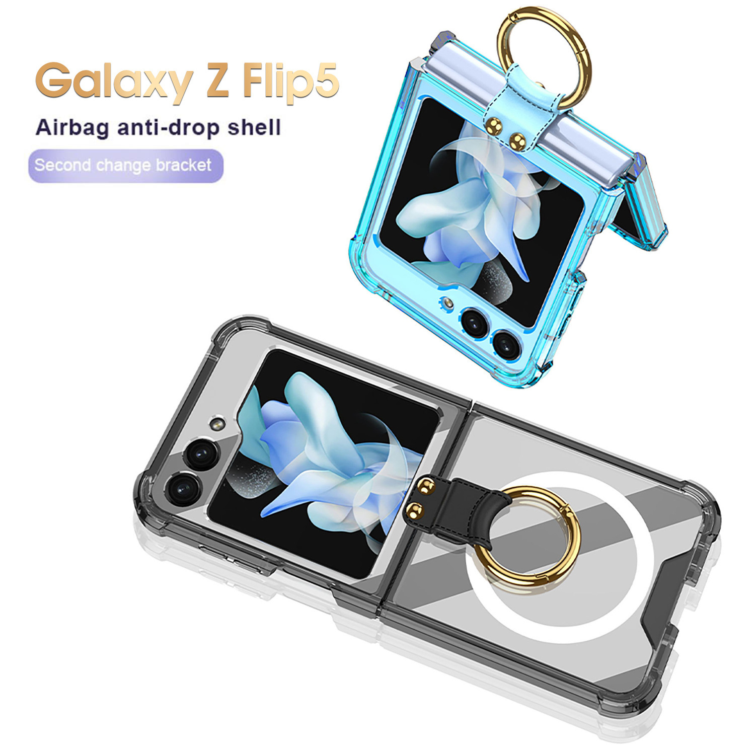 Compatible with Samsung Z Flip 5/6/7 phone cases, wireless charging, transparent airbag ring, foldable screen, drop-proof protective case.