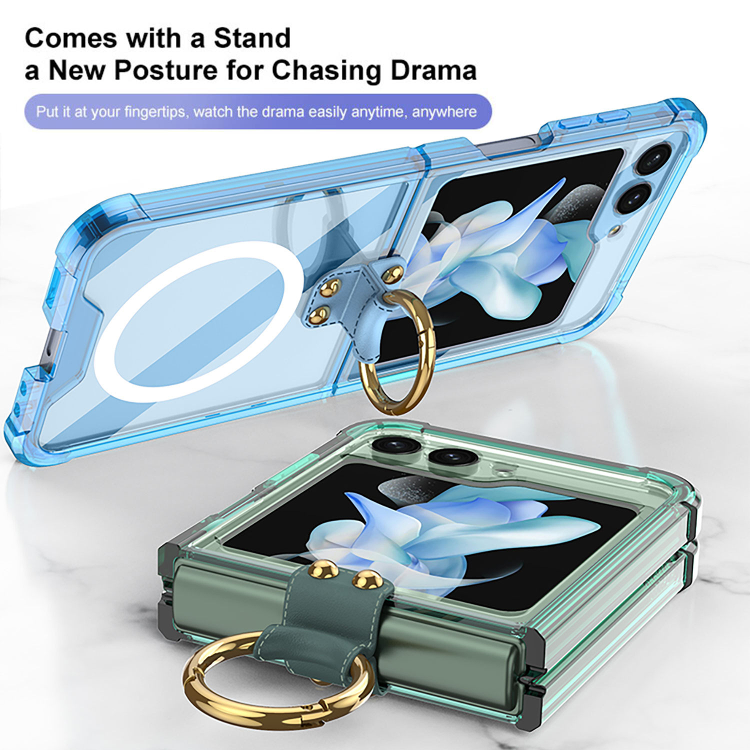 Compatible with Samsung Z Flip 5/6/7 phone cases, wireless charging, transparent airbag ring, foldable screen, drop-proof protective case.