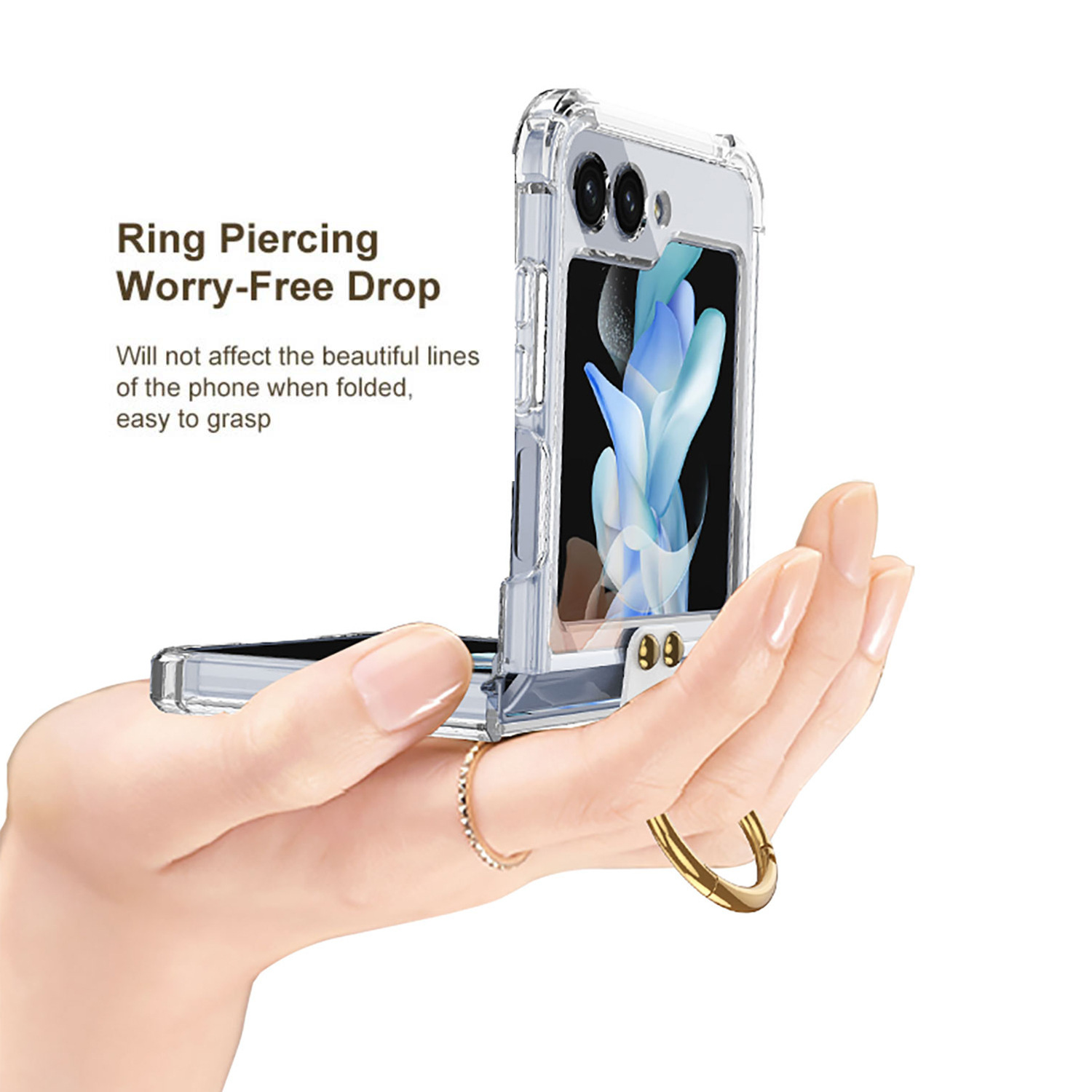 Compatible with Samsung Z Flip 5/6/7 phone cases, wireless charging, transparent airbag ring, foldable screen, drop-proof protective case.