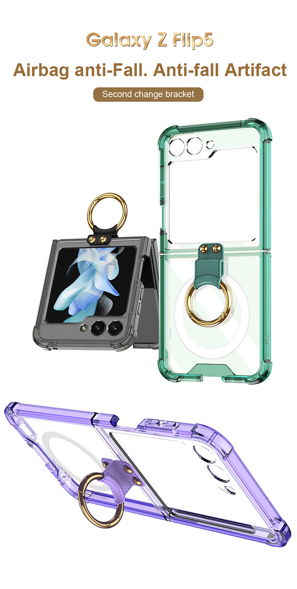 Compatible with Samsung Z Flip 5/6/7 phone cases, wireless charging, transparent airbag ring, foldable screen, drop-proof protective case.