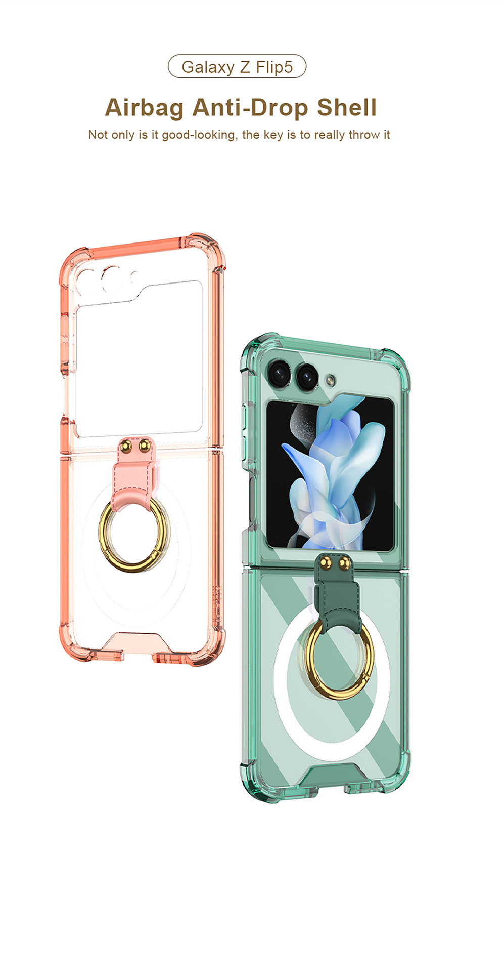 Compatible with Samsung Z Flip 5/6/7 phone cases, wireless charging, transparent airbag ring, foldable screen, drop-proof protective case.