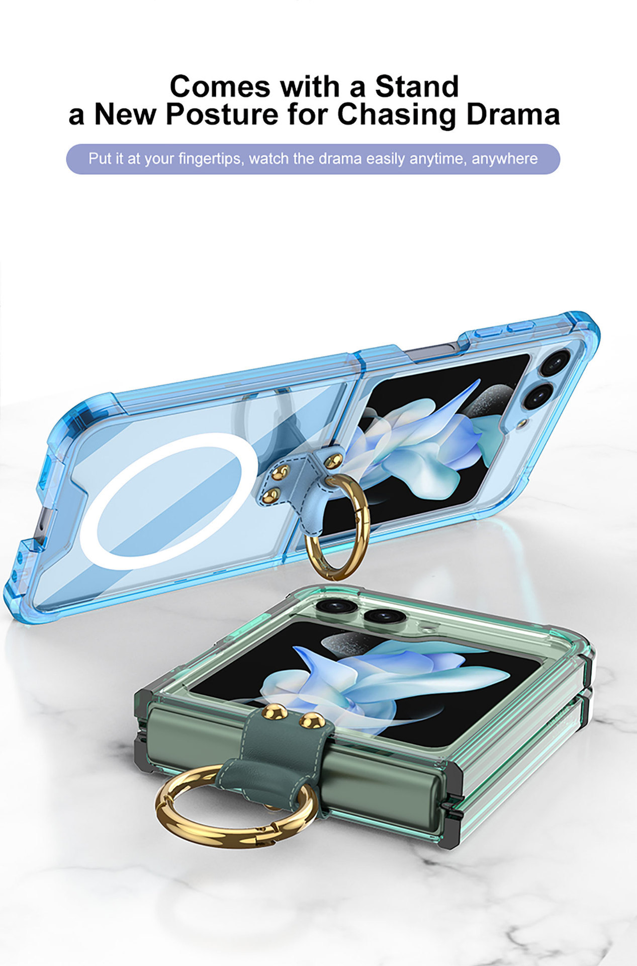 Compatible with Samsung Z Flip 5/6/7 phone cases, wireless charging, transparent airbag ring, foldable screen, drop-proof protective case.